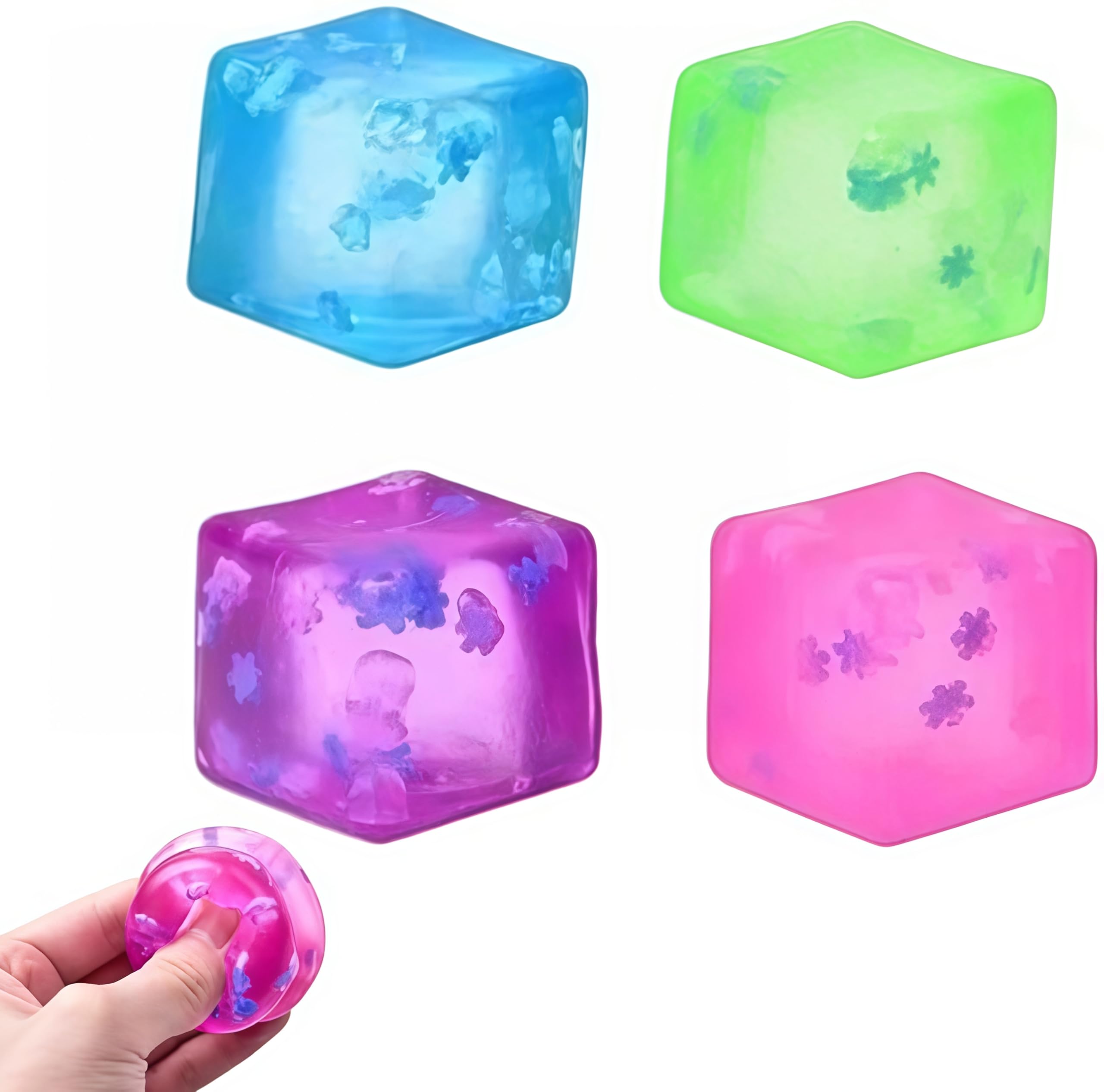 4Pcs Squishy Cube with Snowflakes, Fun Design Stress Relief Ice Cubes, Squishy Fidget Toys Soft Fidget Toys for Adults Teens to Reduce Anxiety, Enhance Focus, Perfect for Party Bag Fillers