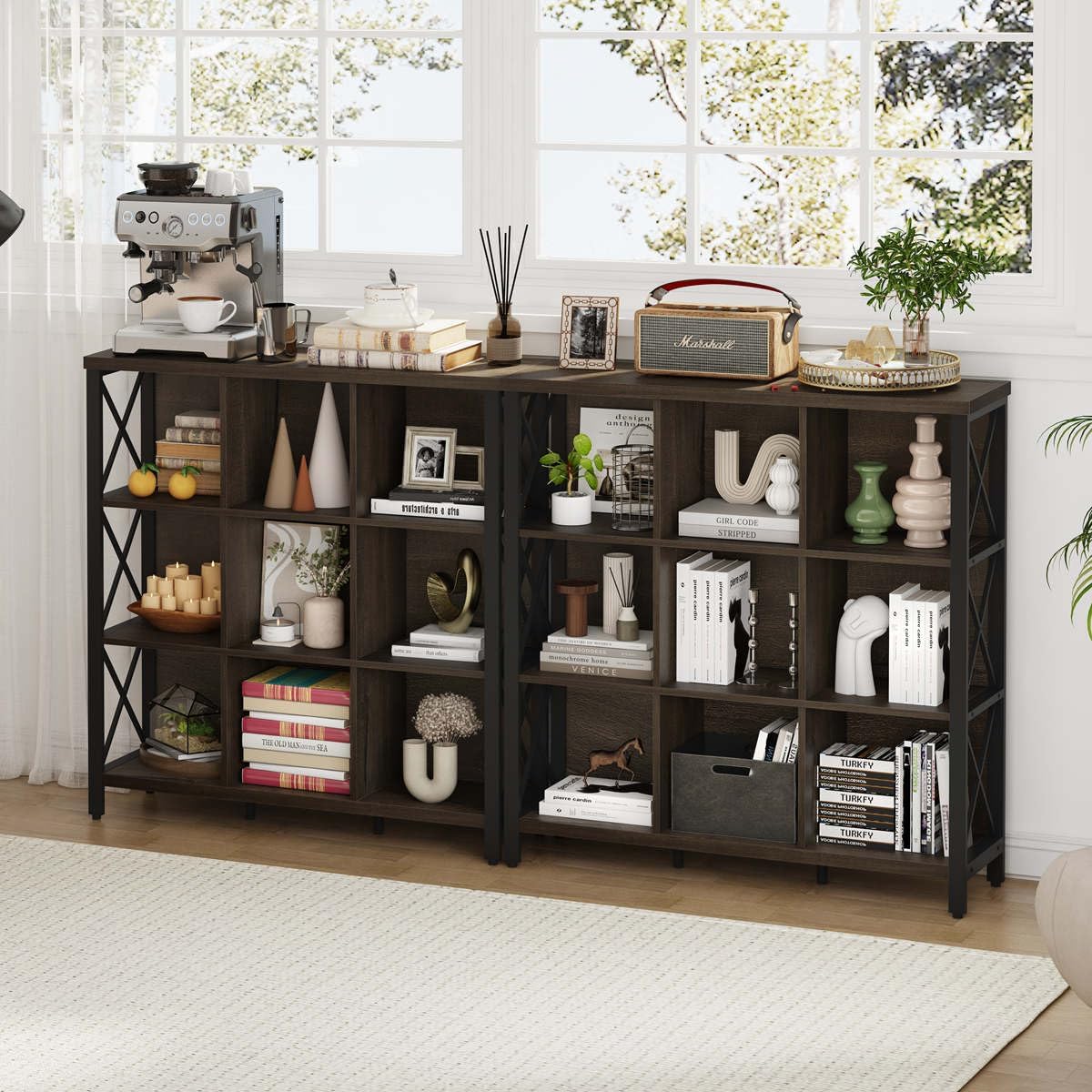 FATORRI 9 Cube Storage Bookshelf, Modern 4 Shelf Book Shelf, Wood and Metal Cubby Bookcase for Home Office (39.38 Inch W, Walnut Brown) - Image 4