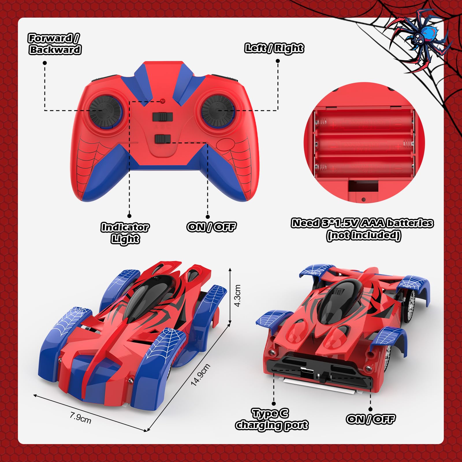 Voiture Télécommandée pour Enfants, Machine Allant Sur Les Murs Rechargeables avec Lumière Led Voiture Radiocommandée RC Drift Car Spider Jouets, Jeux Enfant 3 4 5 6 7 8 9 Ans Mâle Cadeau Anniversaire