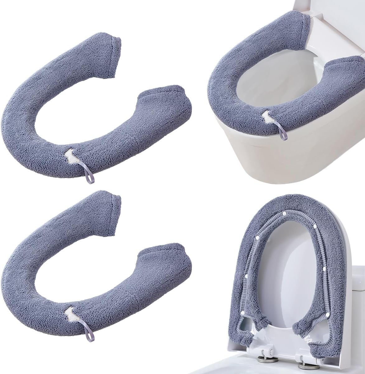 2 Packs Toilet Seat Cover, Plush Warm Bathroom Toilet Seat Cushion with Snaps Fixed Washable and Reusable Toilet Seat Lid Cover Pads, Fits Most Toilet Seats, Blue Grey