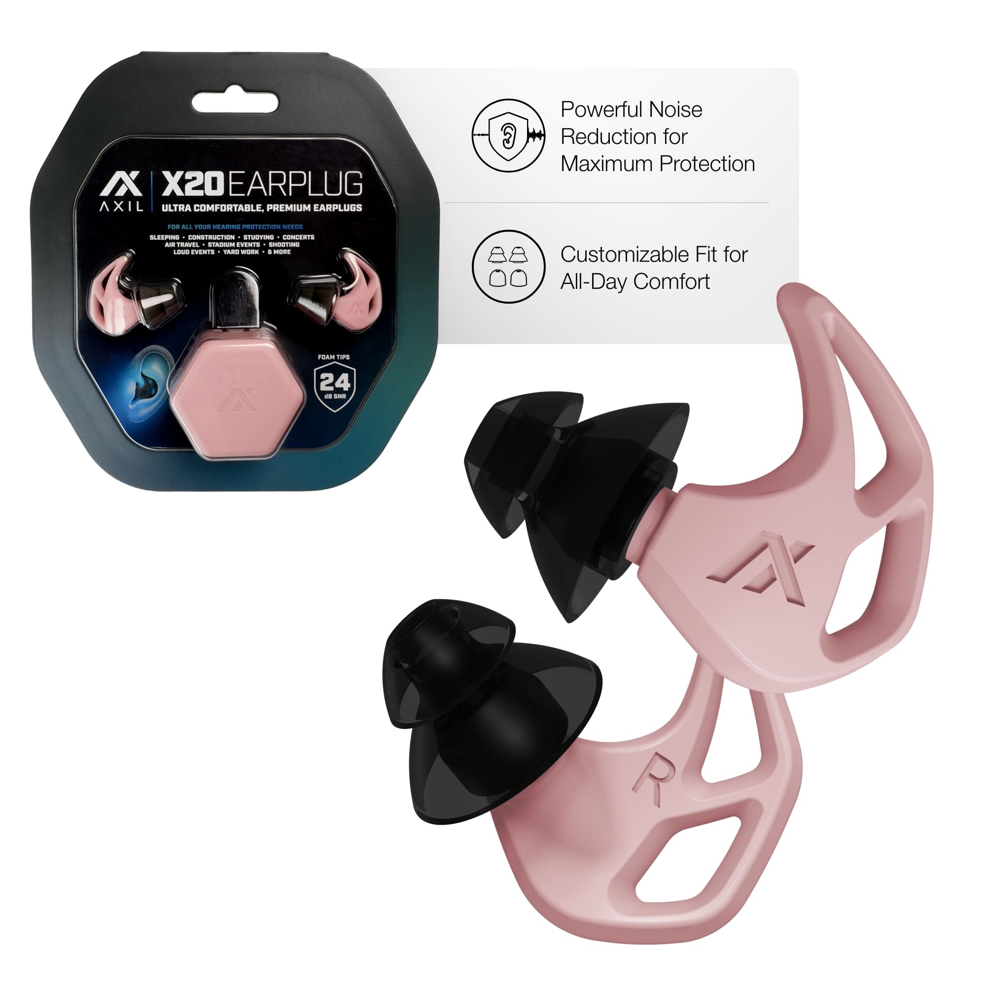 AXIL X20 Noise Reduction Ear Plugs - Pink - Customizable Fit Hearing Protection for Sleeping, Festivals, Live Events and Sports – 24dB Reusable Foam