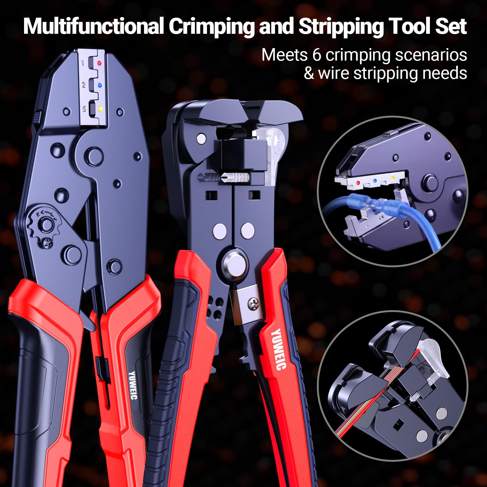 6-in-1 Crimpzange mit Abisolierzange, Crimpzange Set mit 6 Aufsätzen + 285 Zubehör-Kontakten – für Schrumpfschlauch, isolierte & blanke Adernendhülsen, Kabelschuhe