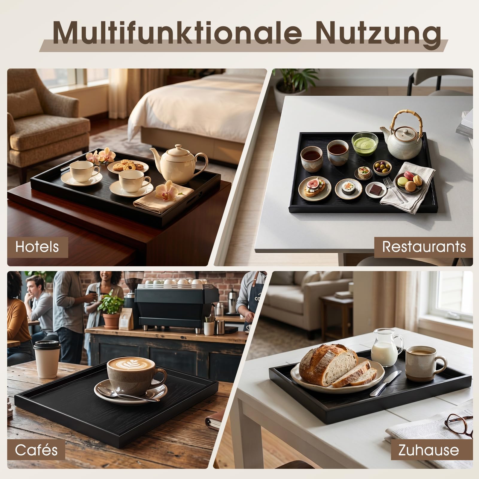 Set di 2 vassoi in legno, 40 x 30 cm e 25 x 18 cm, rettangolari, nero, vassoio da cucina per colazione, tè, caffè, per bagno, ristorante, hotel, caffè (2)