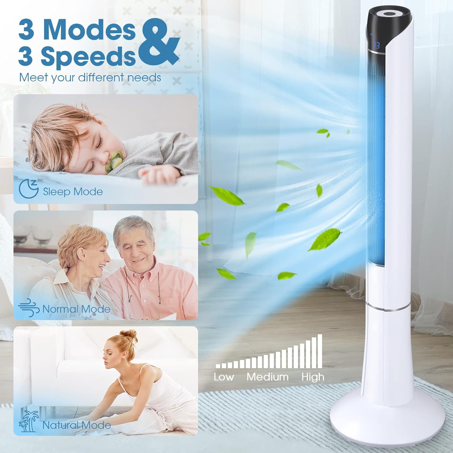 LDAILY 48” Tower Fan, 80 °Oscillating Bladeless Fan w/Remote Control, LED Display, 15H Timer, 3 Speeds, 3 Modes, Portable Quiet Standing Fan for Living Room Bedroom Office