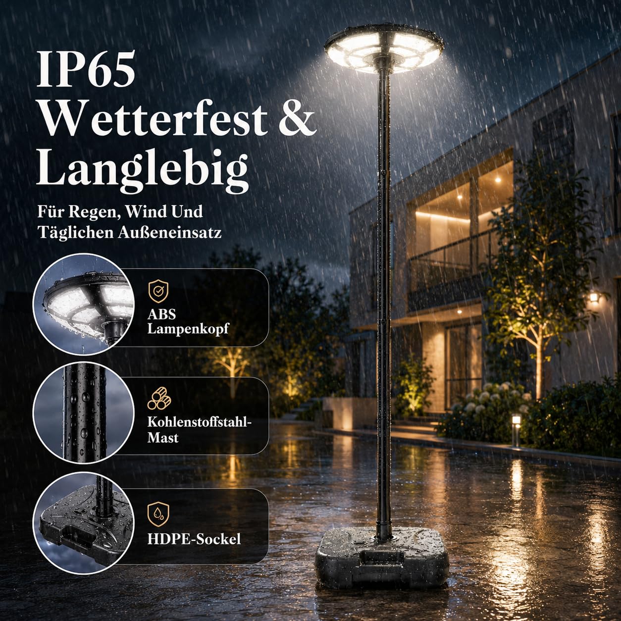 Lampada da strada solare per esterni, 750 SMD2835, 6500 K, IP67, impermeabile, con sensore di movimento, per cortile, garage, parcheggio, con base riempibile d'acqua