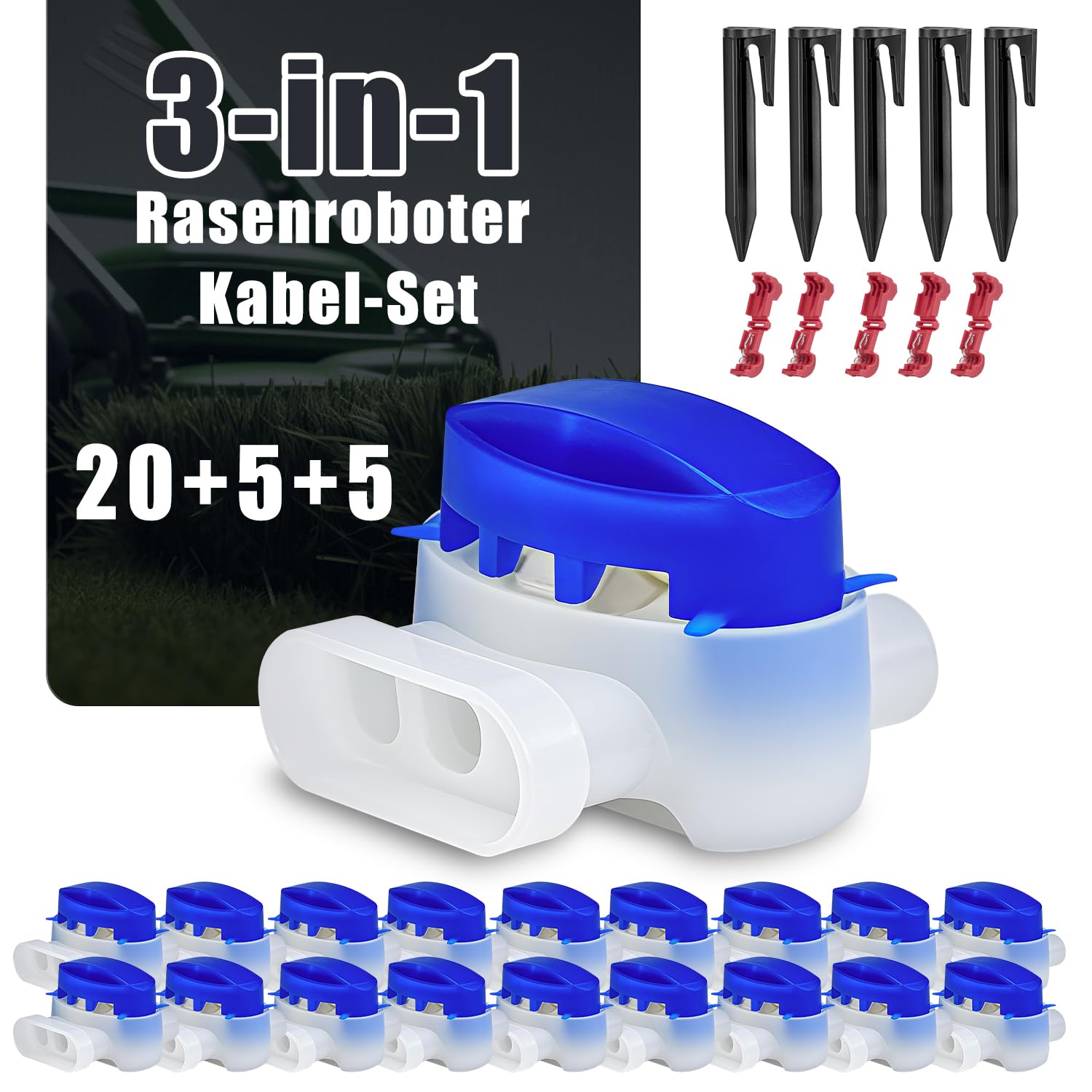 3-in-1 Lawn Robot Cable Set: 20 Cable Connectors Robotic Lawnmower + 5 Ground Nails + 5 T-Branch Connectors, Lawn Mower Accessories (Compatible with Bosch, Gardena, Husqvarna, Worx, Yard Force)