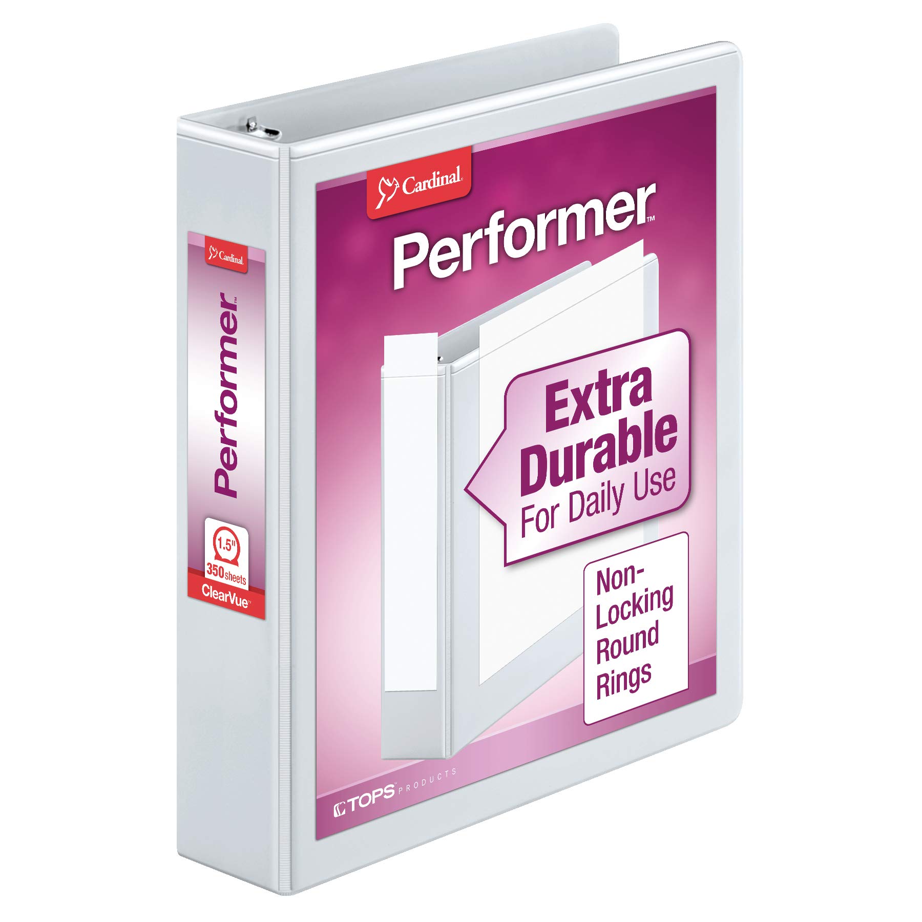 Cardinal Binder Performer with ClearVue Covers, 1.5" Round Rings, 350-Sheet Capacity, White