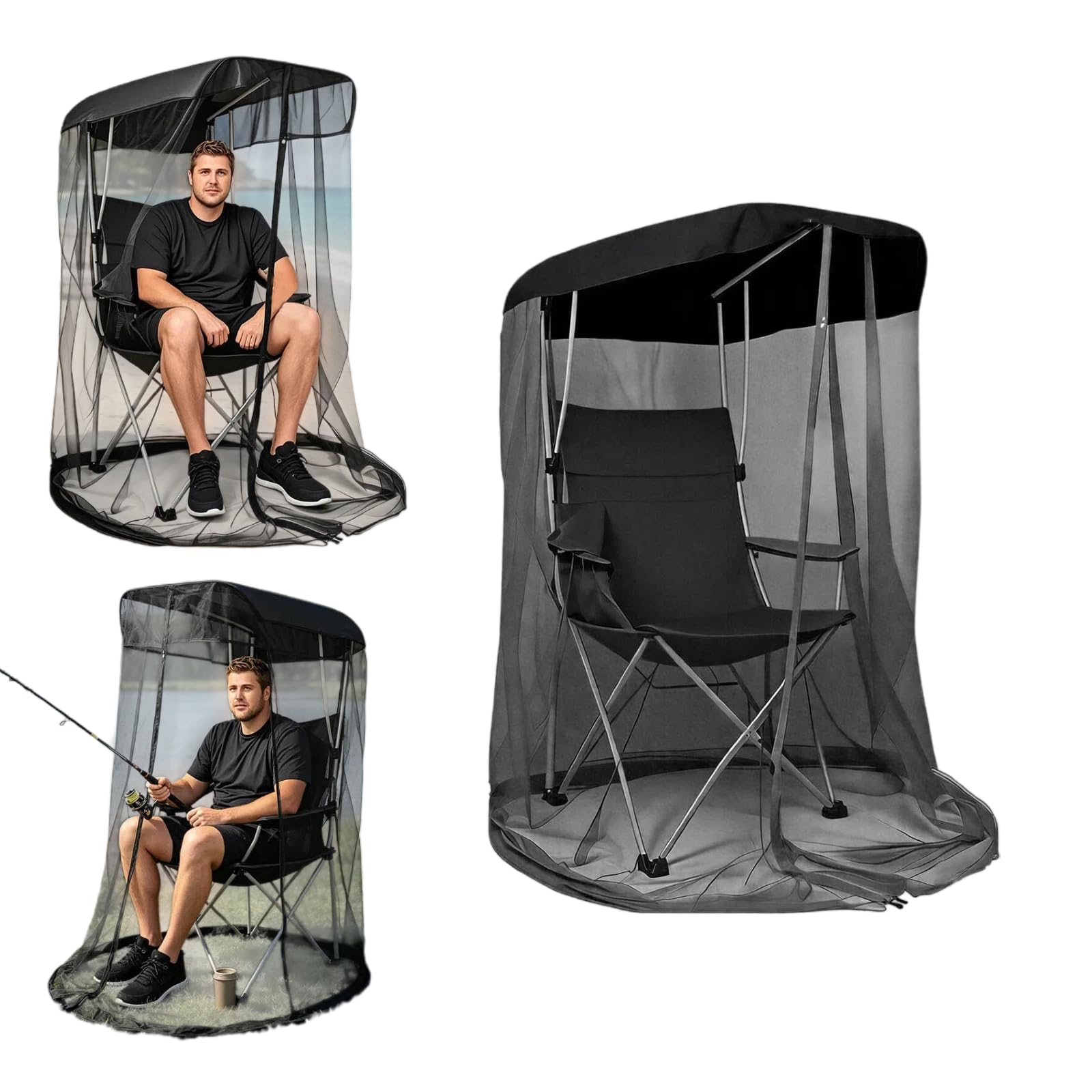 Mosquito Net for Camping Chair with Canopy, 82 x 89 x 160cm Portable Mesh Netting for Outdoor Sunshade Umbrella Chair, Breathable Fly & Insect Protection for Fishing, Beach, Garden, Net Only (Black)
