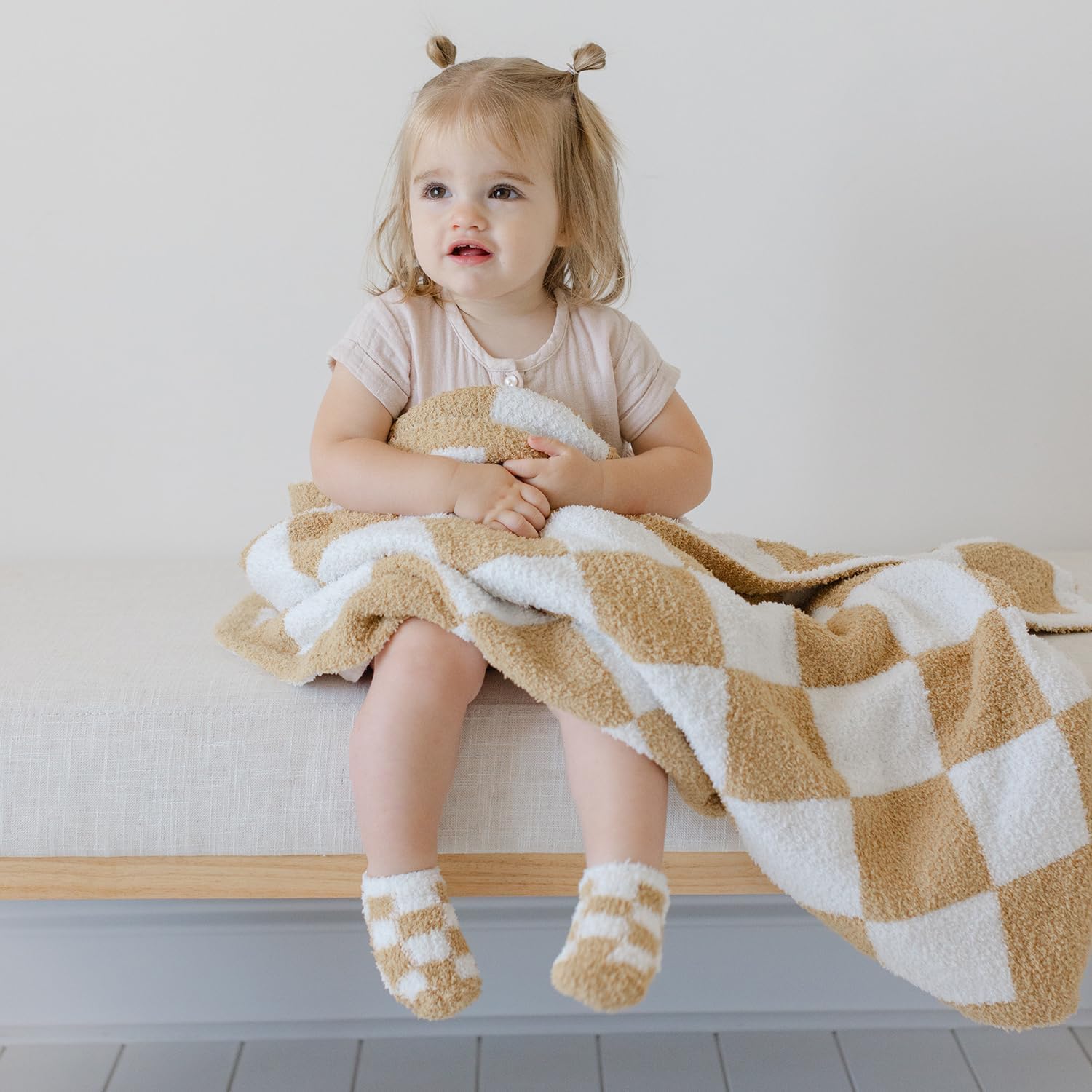 Orelle Checkered Baby Blanket & Matching Socks Set | Plush Baby Blanket | Luxury Ultra-Soft & Cozy Receiving Blanket | Newborn Gift & Registry Must-Have | 30x40” | Brown - Image 3