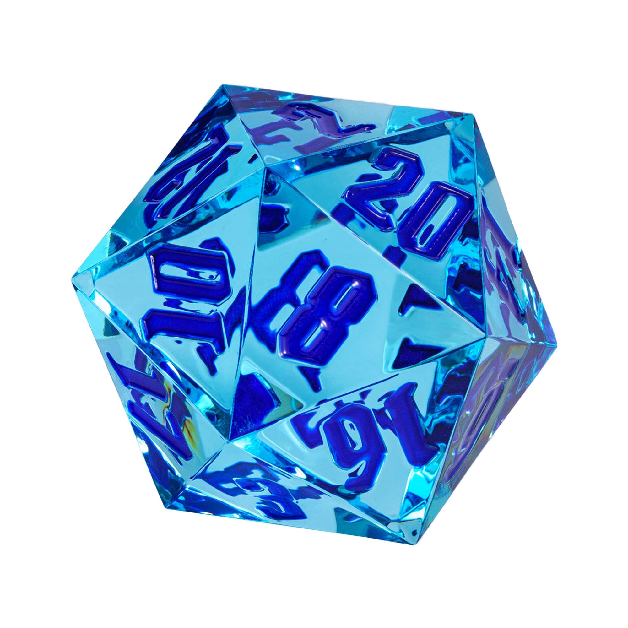 Dés DND géants polyédriques D&D à 20 Faces de 55 mm - Grand D20 avec Matrice de découpe - pour Donjons et Dragons, Jeux de Table de RPG (Chiffres Bleus Transparents)