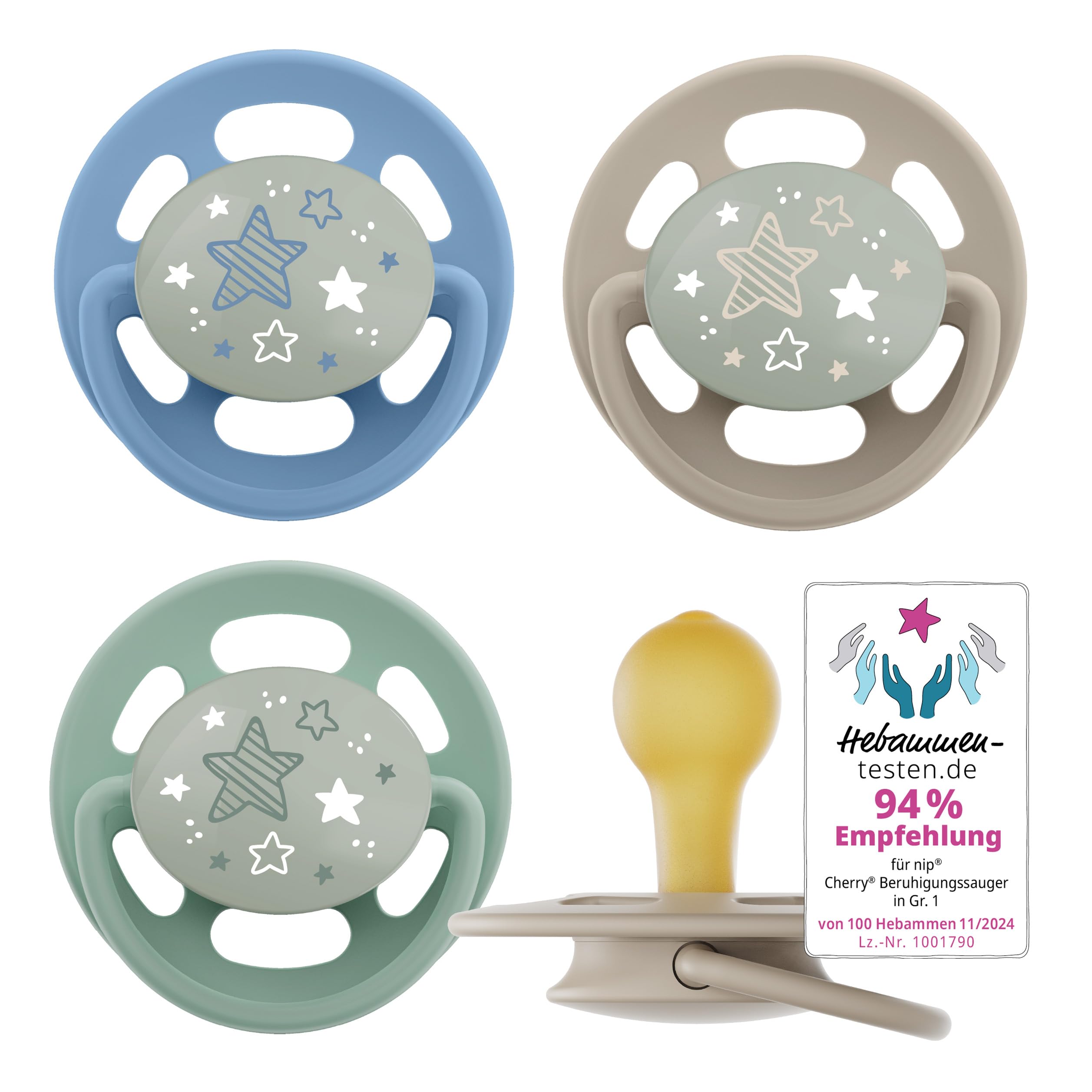 nip - Cherry Green Night | 0-6 Monate | 4er Pack | Kirschform | Stillfreundlicher, kiefergerechter Babyschnuller. Leuchtet im Dunkeln. Nachhaltiger Schnuller aus natürlichen Rohstoffen, Blau/Grün