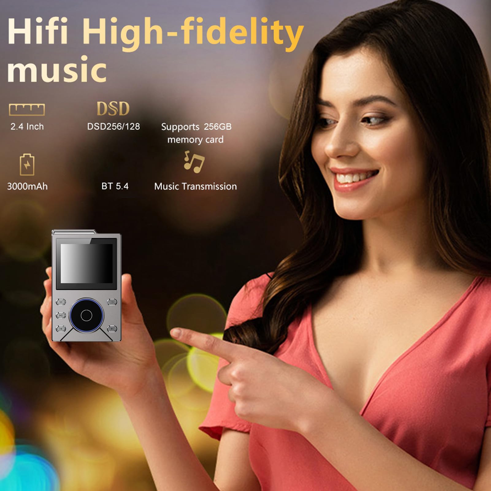 Tragbarer Audio-Player mit 2,4-Zoll-TFT-Display und ALPS-Rad, Verlustfreier HiFi-Musik-Player, Digitaler Sound- für Car Home Outdoor (metallisches Grau)