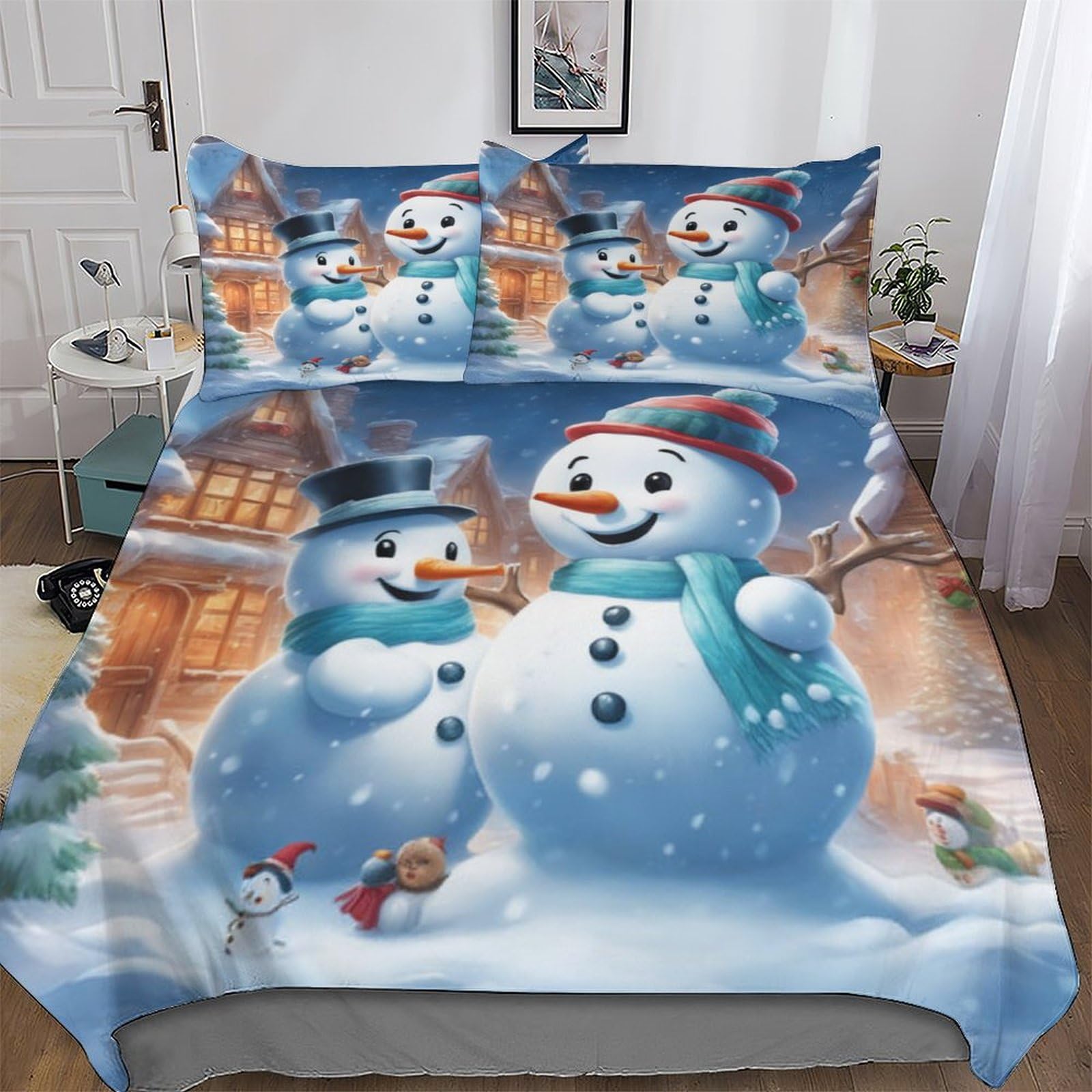 Parure de lit bonhomme de neige avec housse de couette microfine douce 220x240cm et taie d'oreiller