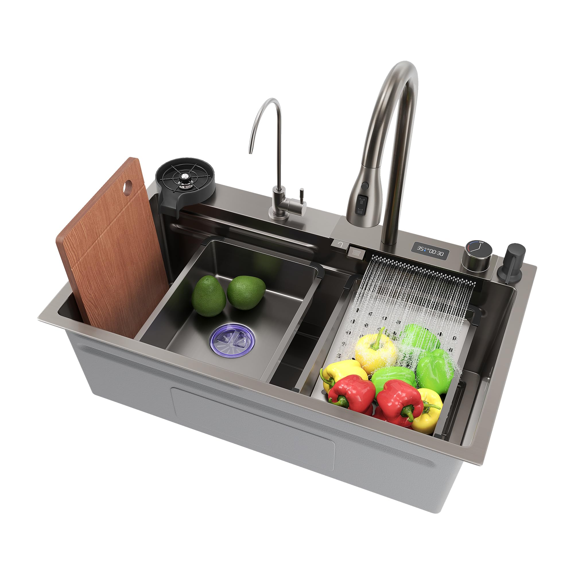 SIRHONA Évier de Cuisine avec Cascade, Évier Multifonction 1 Bac en Inox 75x45 cm, Robinet Rétractable, Avec Affichage de la Température, Noir