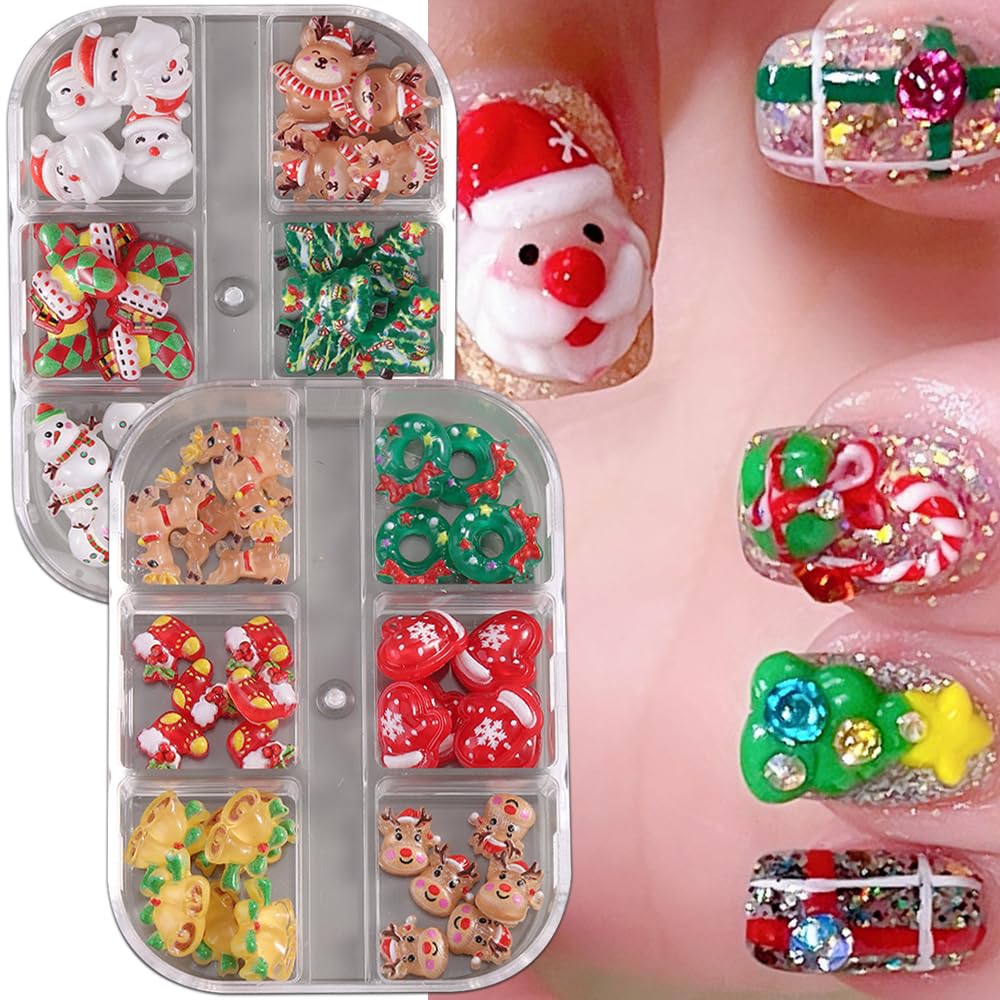 2 Box Christmas Nail Art Charms 3D Resin Snowman Reindeer Bell Santa Sock Rhinestones Xmas Decorations for Women Acrylic Nails Winter Accessories