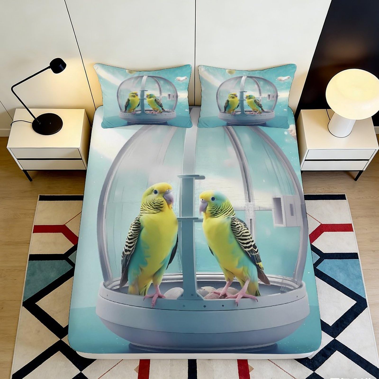 3D Printed Parrot Pattern Fitted Sheet Microfiber Non-Slip Deep Pocket Bedroom Parrot Mattress Fitted Cover Washable 200x200x25cm
