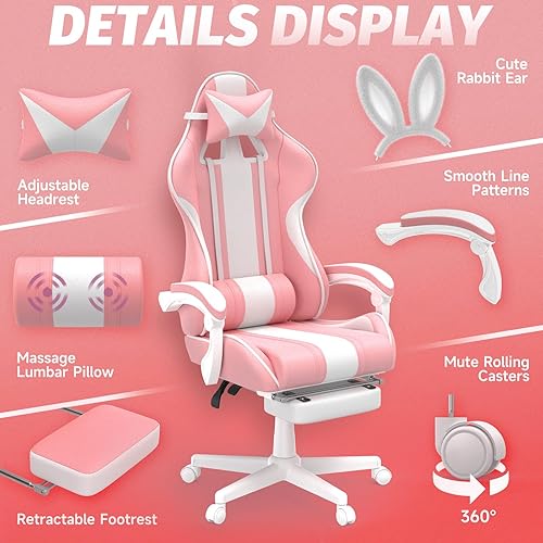 Miniatura 6 de Ferghana Silla Kawaii rosa para juegos con orejas de conejo, ergonómica y bonita silla para jugadores con reposapiés y masaje, silla de juegos de