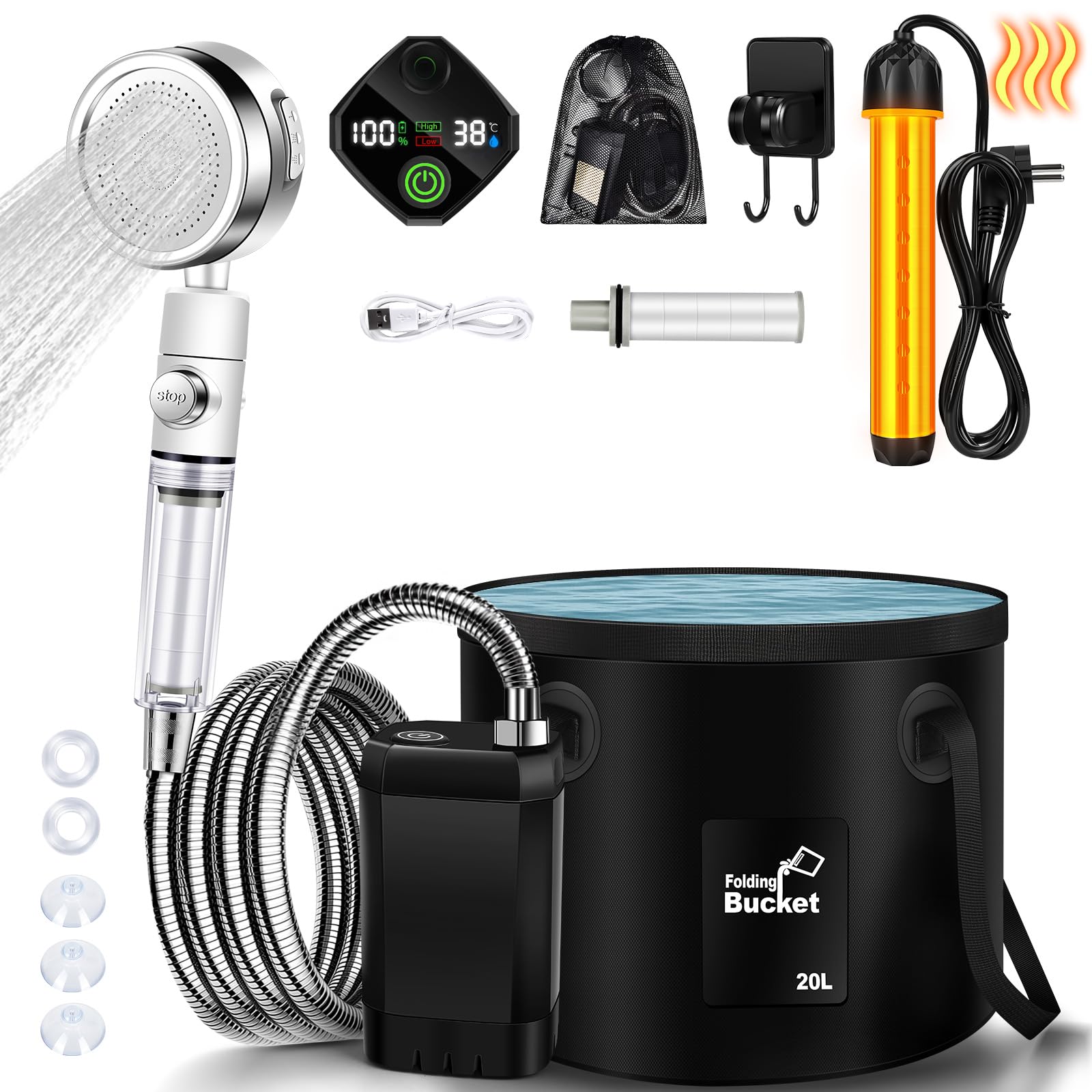 Douche camping, Baignoire et douche portables Affichage intelligent de la température d'induction, Batterie au lithium 6000 mAh, 90W - Jardin