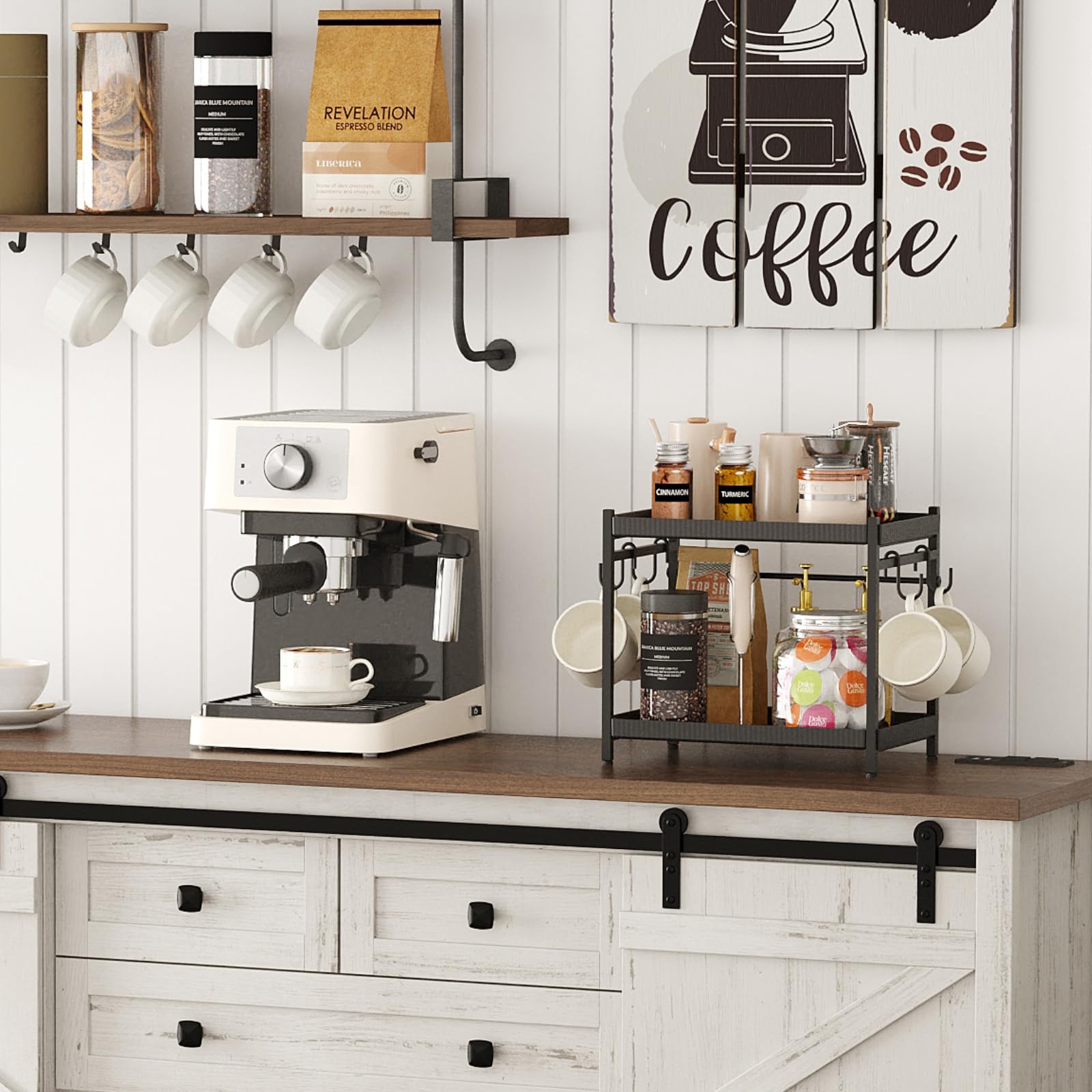 Lifewit Organizer per Caffè, 2 Livelli Portatazze da Banco, Espositore a Scaffale con 4 Ganci, Contenitore per Accessori da Caffè per la Cucina di Casa, Nero