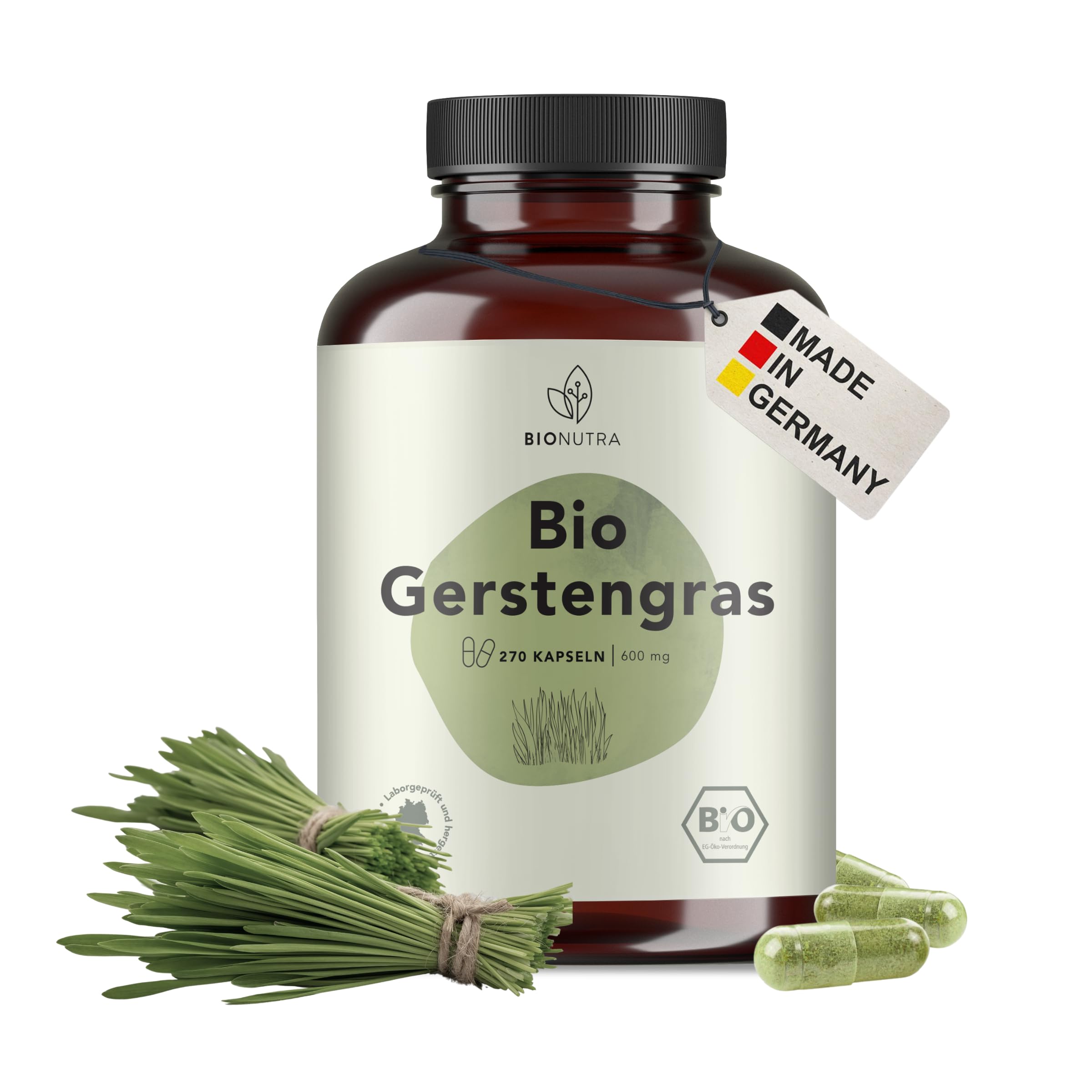 BIONUTRA® Capsule di Erba d’Orzo Bio ad alto dosaggio, 4800 mg dose giornaliera, controllate per residui, produzione tedesca, vegane, senza additivi, polvere di erba d’orzo bio, 270 pezzi x 600 mg