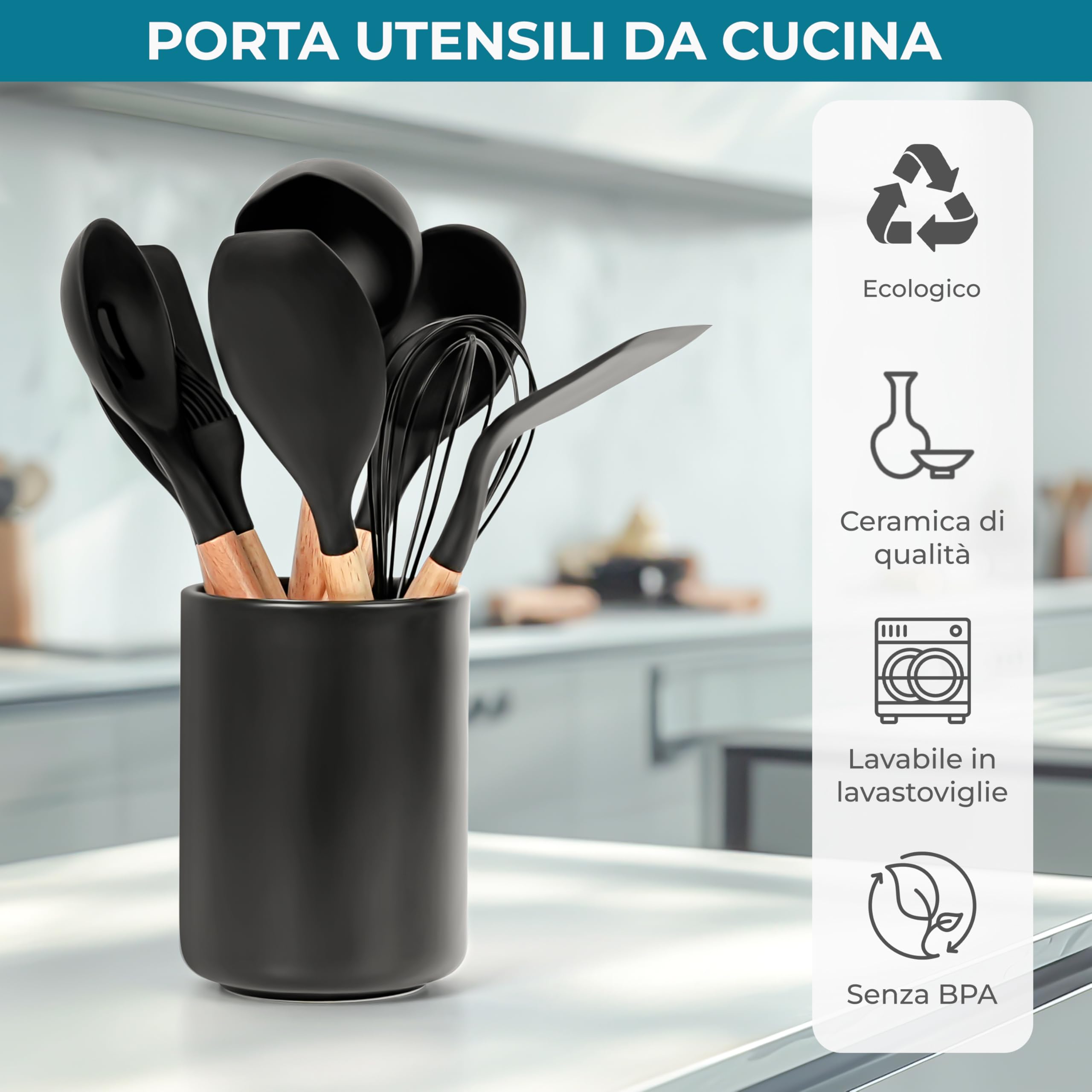 Winter Shore Portautensili da Cucina Grande - Porta Posate in Ceramica - Grande Porta Coltelli e Forchette - Organizzatore Utensili Nero per il Bancone della Cucina