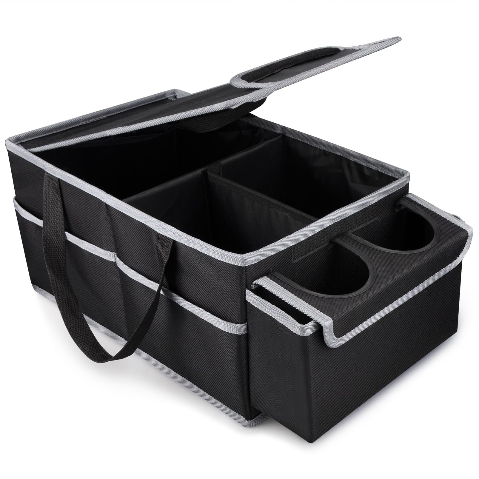 ABIDINA Car Seat Organiser, Foldable Car Storage Organiser with Lid and Handle for Front or Back Seat, Automotive Interior Accessories with Pockets Cup Holders Dividers for Toys, Snacks, Books (Black)