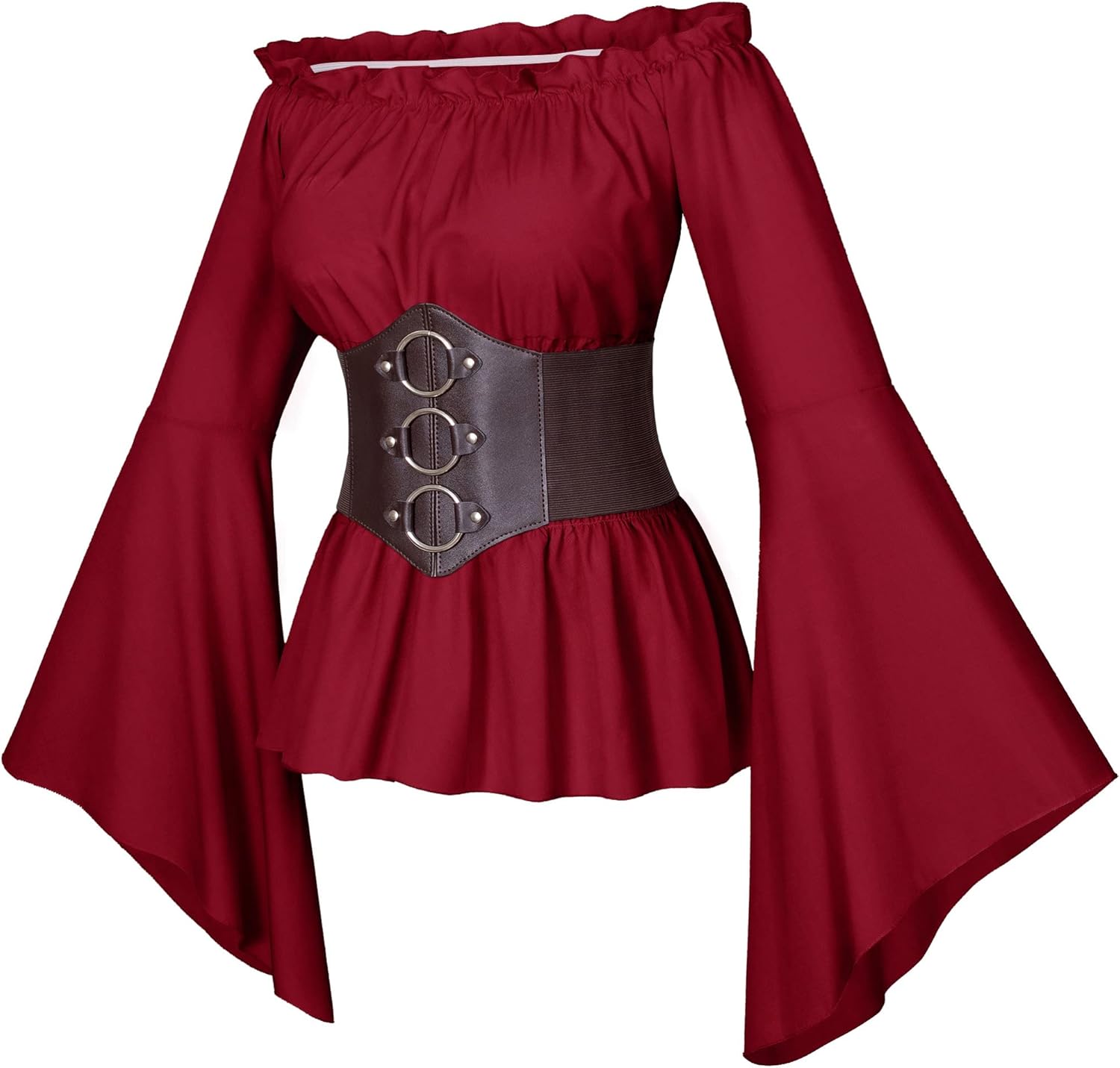 Womens Renaissance Victorian Peasant Ruffle Smocked Waist Boho Pirate Shirt Blouse with Belt Set