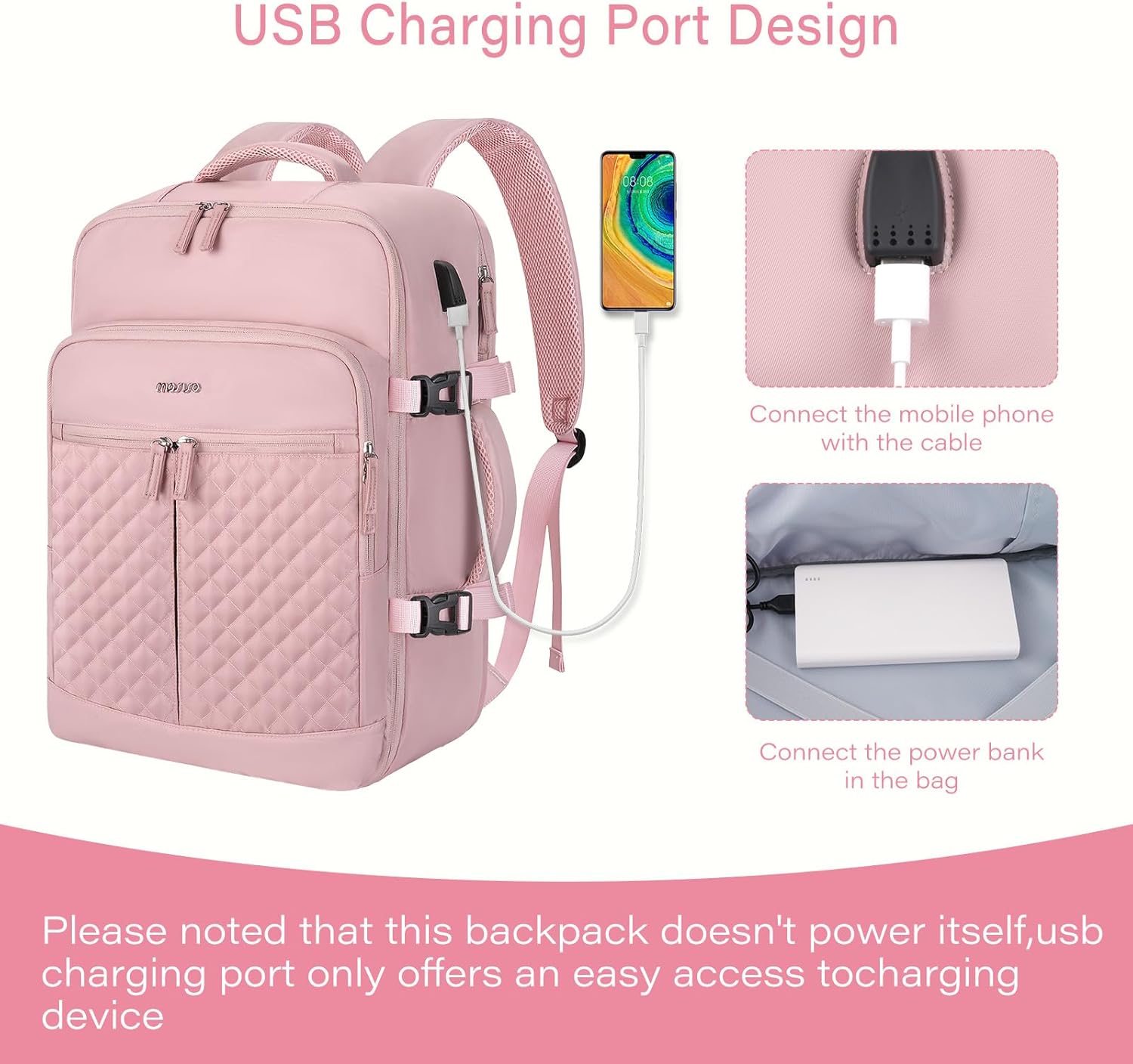 MOSISO 40L Travel Backpack for Women, Rhombus Quilted Flight Approved Carry on Daypack with USB Charging Port&Drawstring Bag, 17-17.3 inch Laptop Backpack for Office Work Travel Essentials, Pink - Image 6