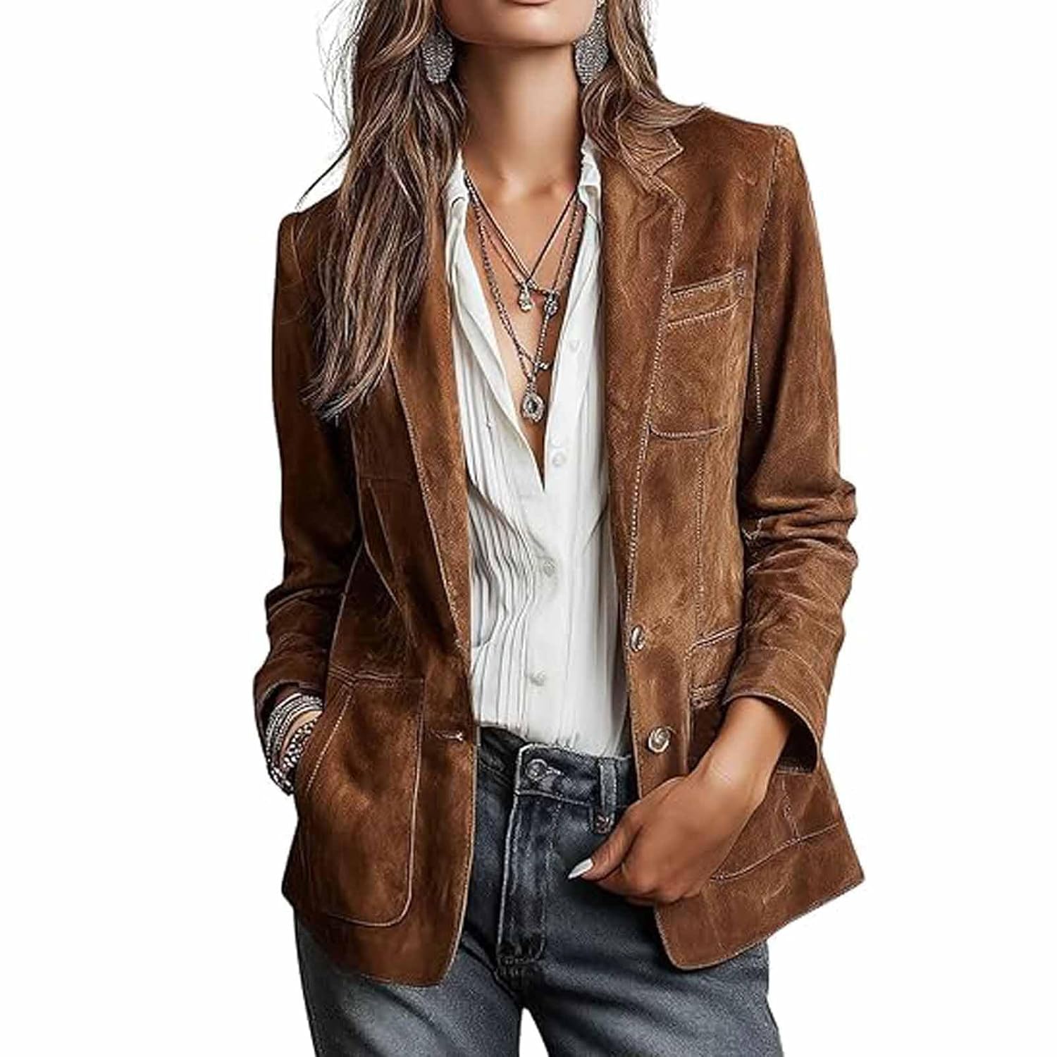 Womens Retro Faux Suede Leather Blazer Lapel Collar Button Front Business Casual Coat Work Dressy Jacket