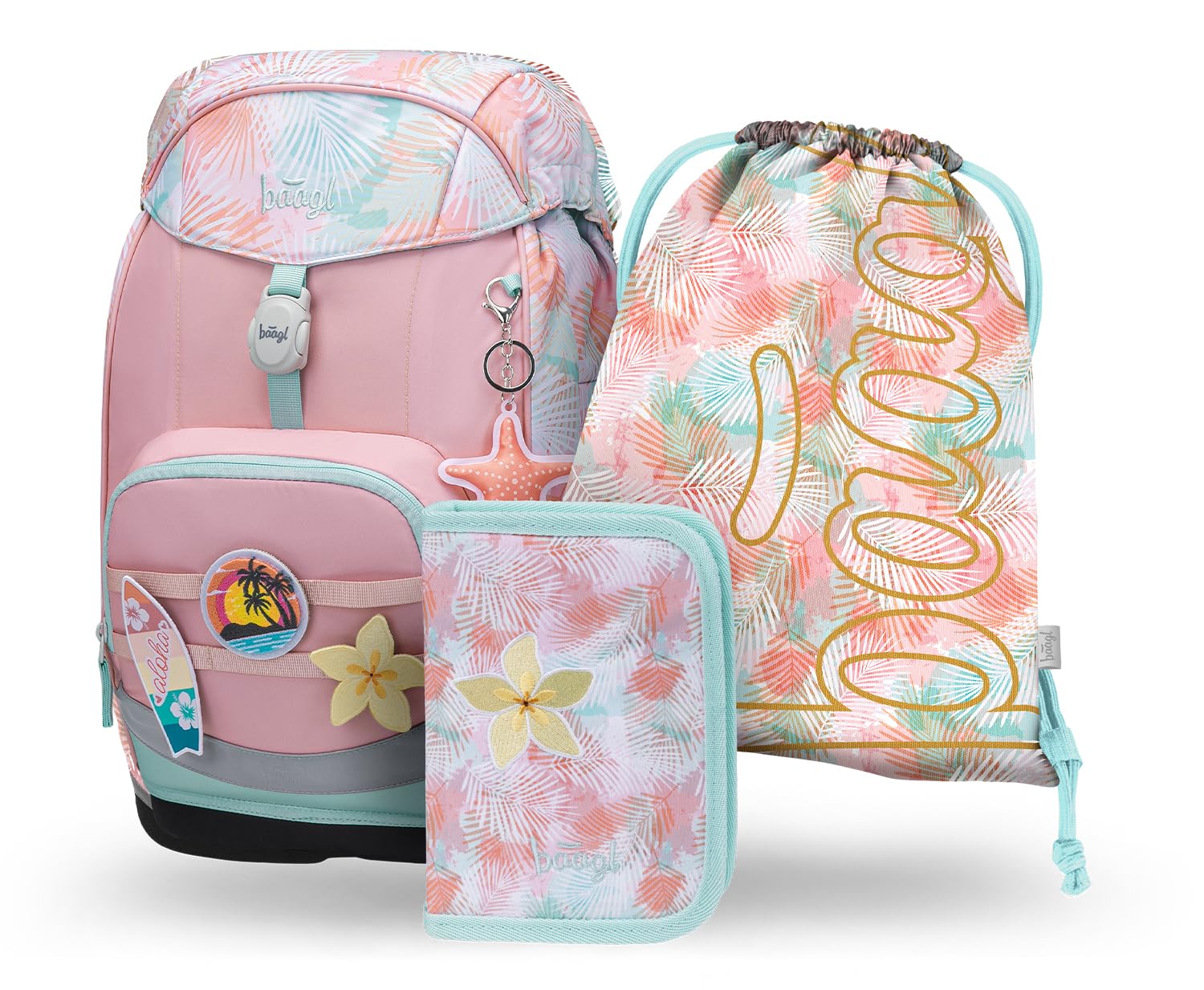 Baagl Mochila escolar para niños y niñas, juego de 3 piezas (mochila escolar Airy Plus para 1ª clase, estuche, bolsa de gimnasia), mochila escolar ergonómica para preescolar, 25 l, rojo (sunset), L