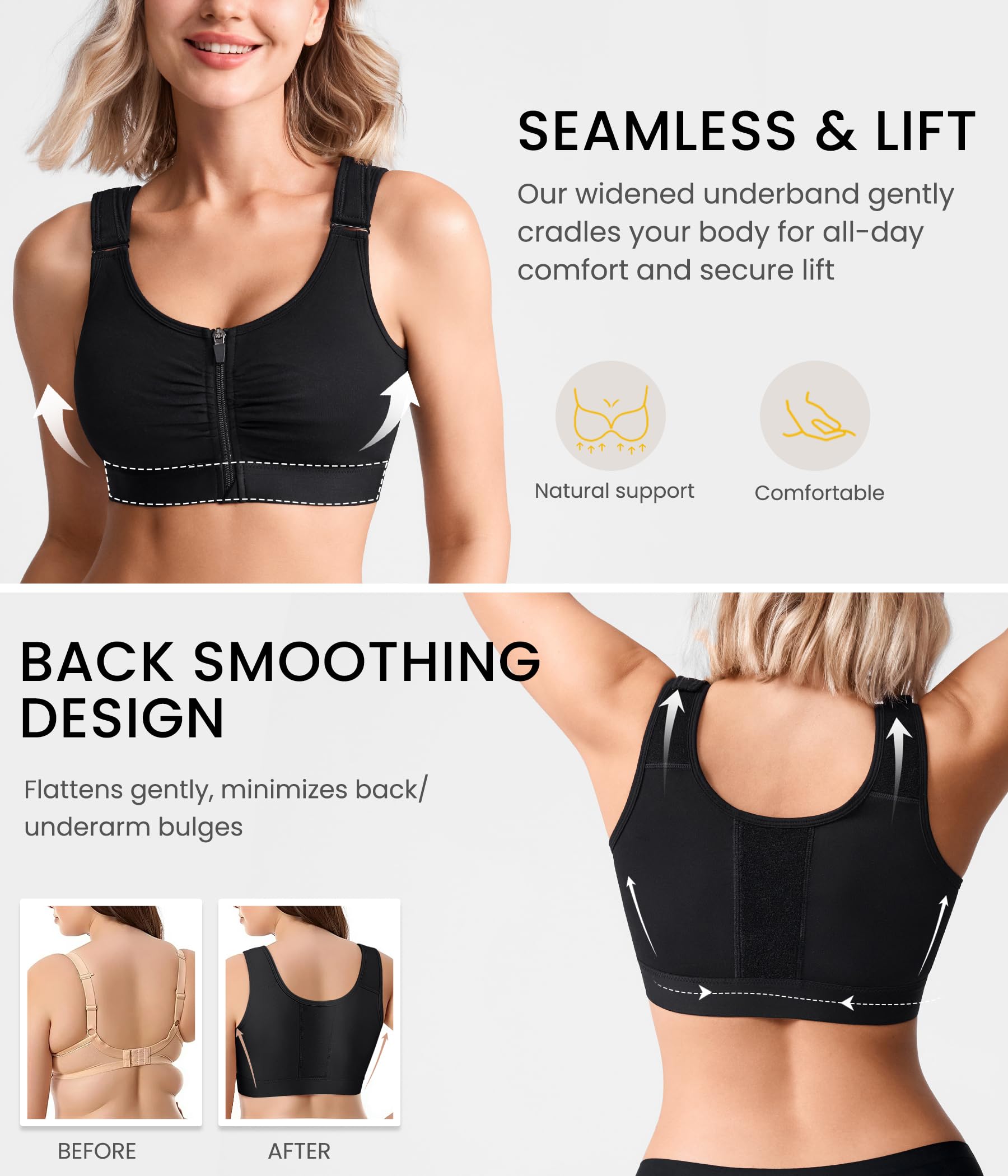 Junlan Reggiseno Sportivo Alta Tenuta Donna, Leggero per Fitness Jogging Yoga Equitazione, Postoperatorio con Pulsante Anteriore E Petto Regolabile Racerback