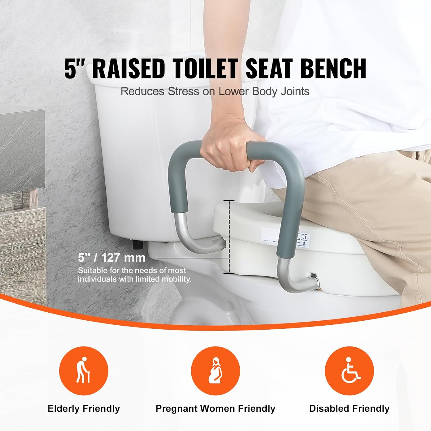 Happybuy Raised Toilet Seat, 5" Height Elevation, 350 lbs Weight Capacity, for Round and Elongated Toilet, Twist Lock Installation, 19.1" - 21.7" Adjustable Width
