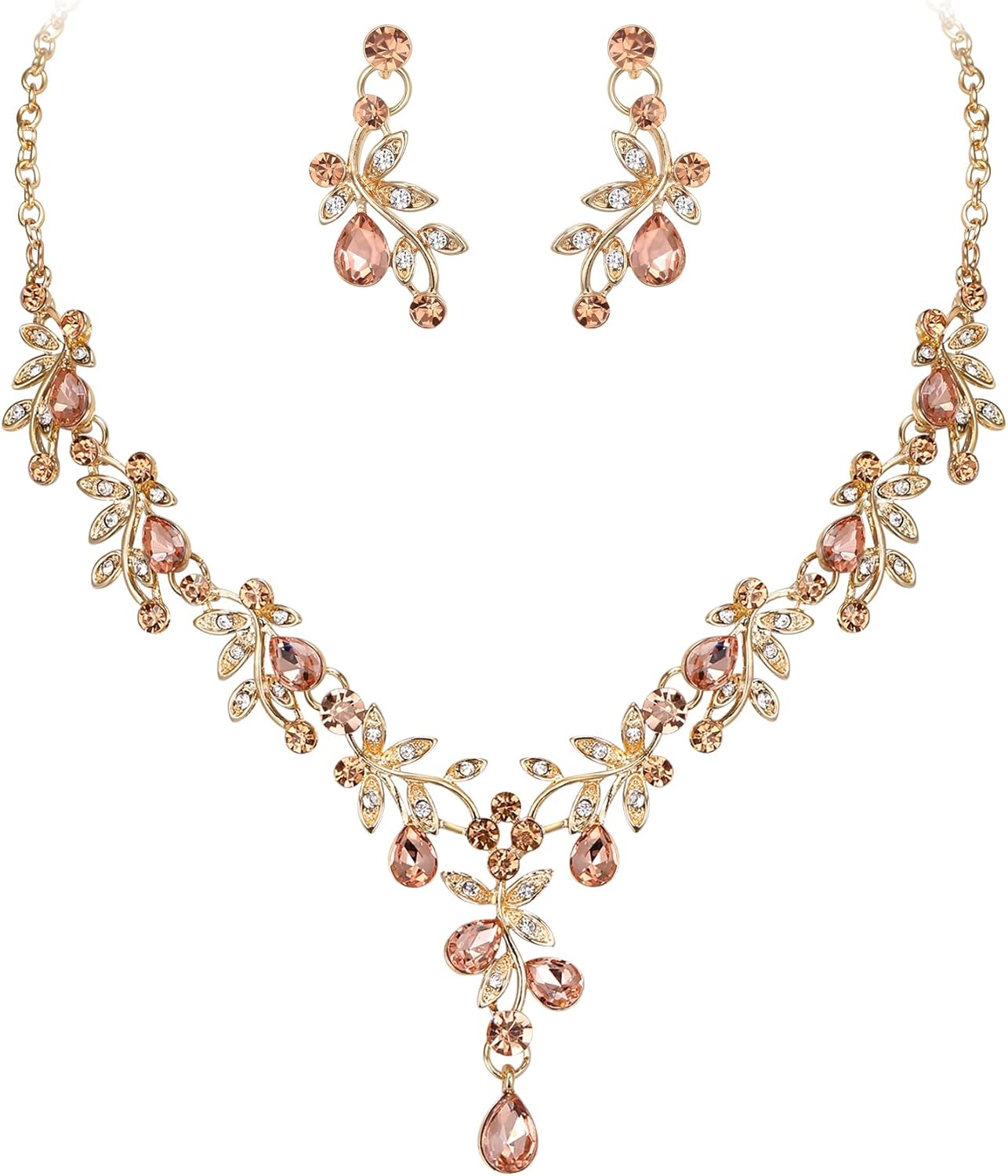 Crysdue Wedding Prom Jewelry Set for Women Bridal, Stunning Leaf Crystal Cluster Statement Necklace Dangle Earrings Set