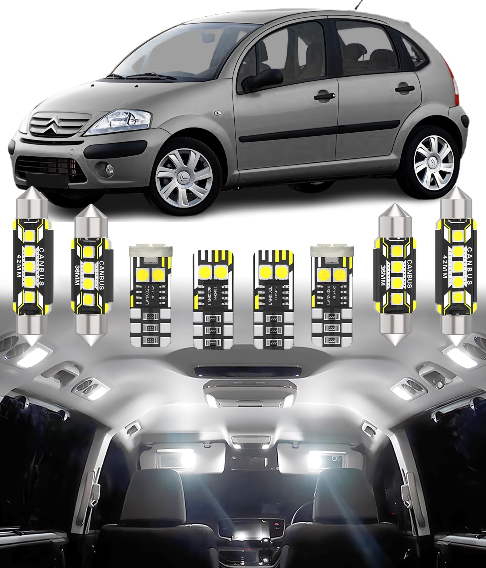 Kit Luces LED Interior Citroën C3 MK1 Hatchback Bombillas Blancas 6000K 7