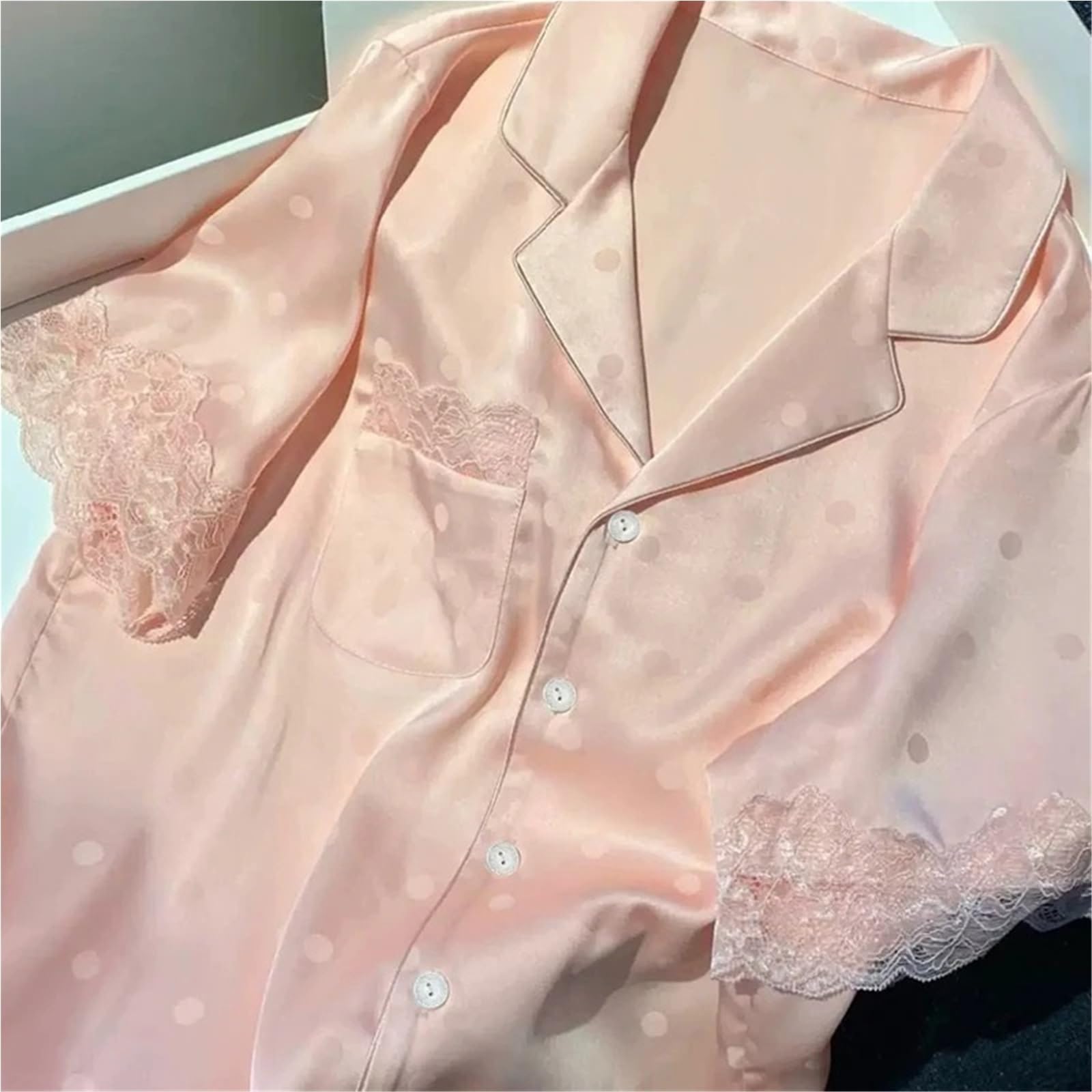 Pijamas de Mujer Jacquard Encaje Punto Dulce Rosa, camisón Perezoso romántico, Conjunto 2 Piezas Verano Harajuku for el hogar para Descanso en casa