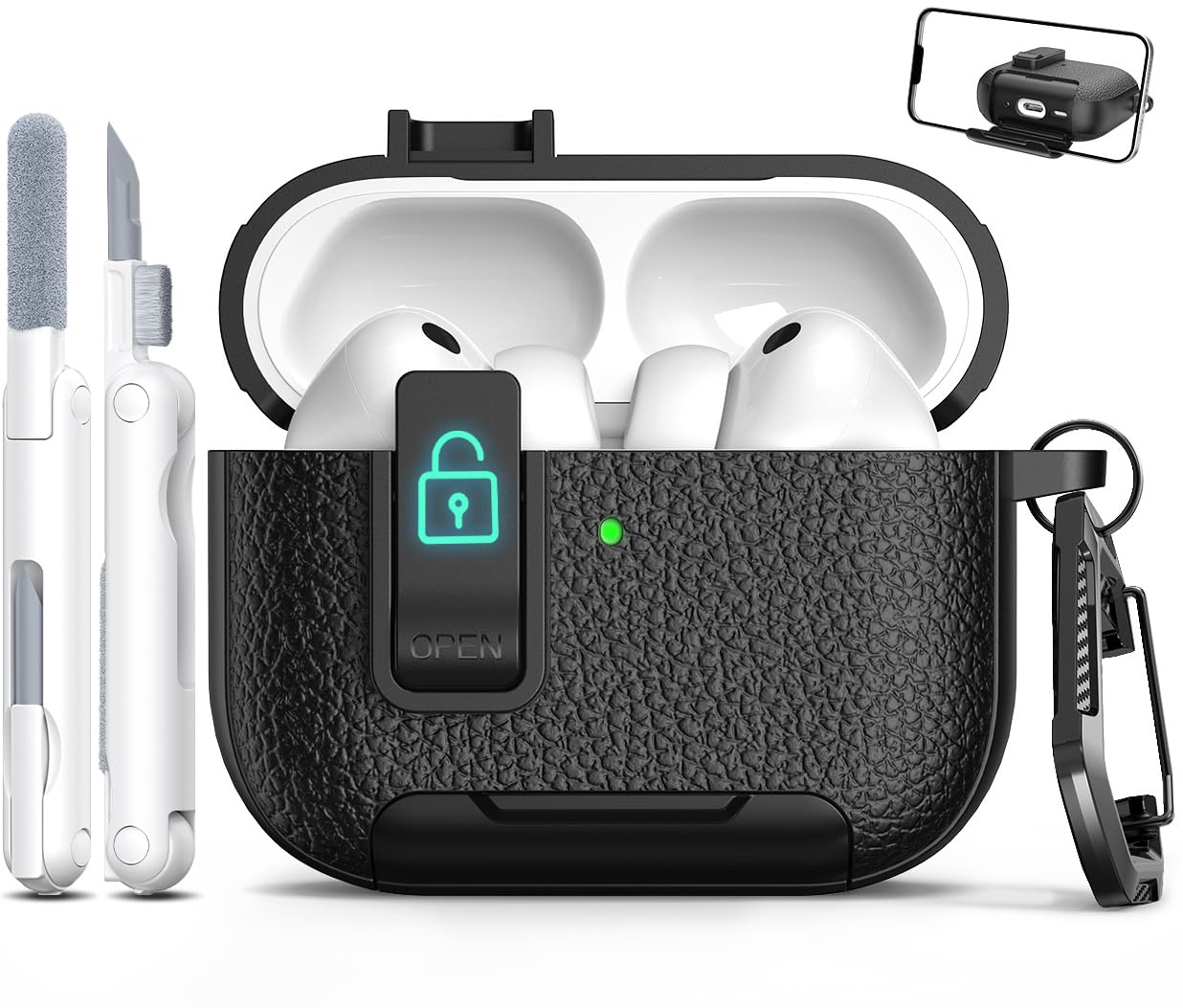 Compatibile con AirPods Pro 3a generazione Custodia con chiusura, Materiale TPU con Texture in pelle, Porta di ricarica antipolvere e funzione di supporto per Airpods Pro 3 Custodia, Nero