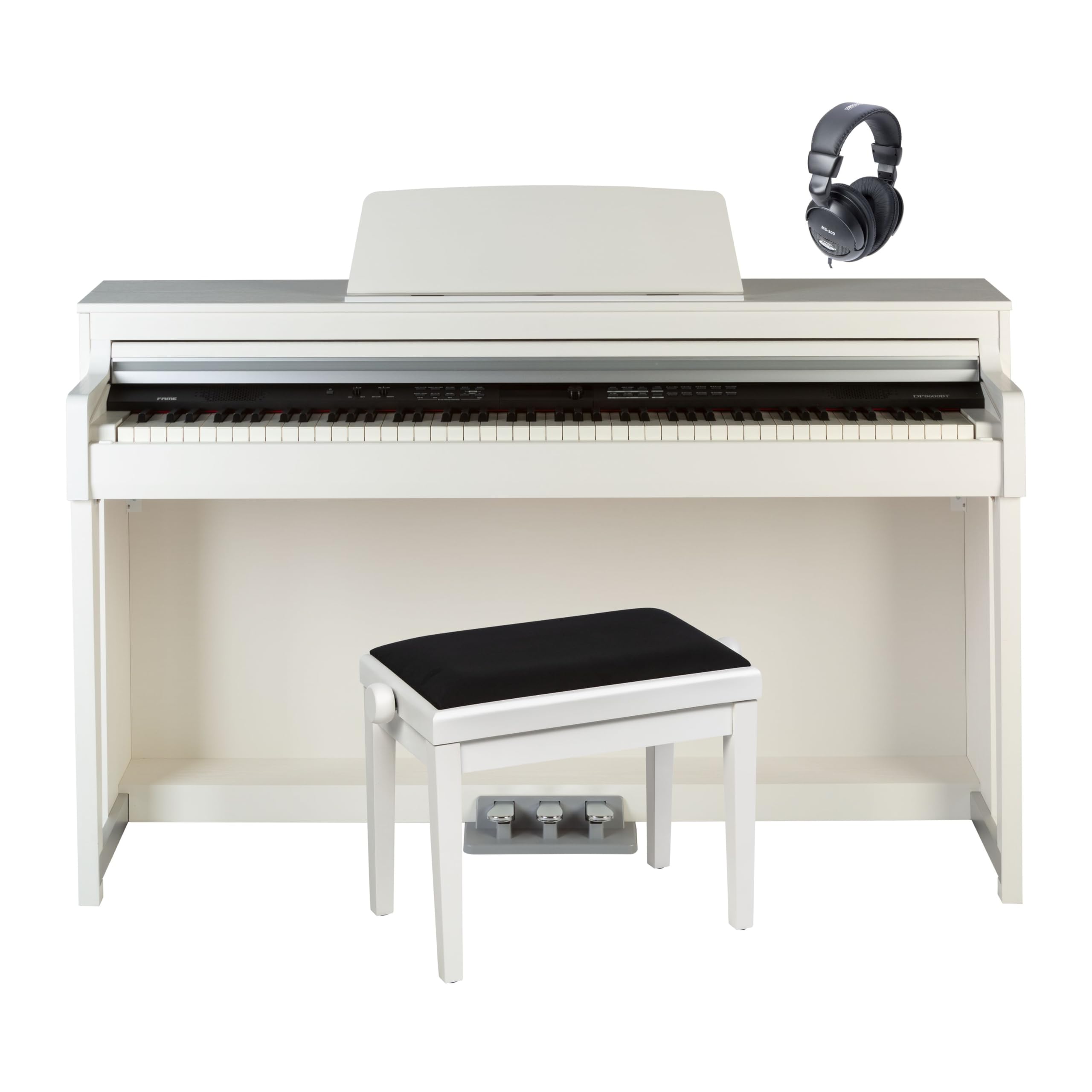 Fame Digitalpiano Set, DP 8600 BT WH V2, Hammermechanik, Stylearranger, USB MIDI, Audio Recorder, Mattiert Weiß, Inklusive Kopfhörer, Klavierbank, 88 Tasten, 2 x 25 Watt Verstärkerleistung