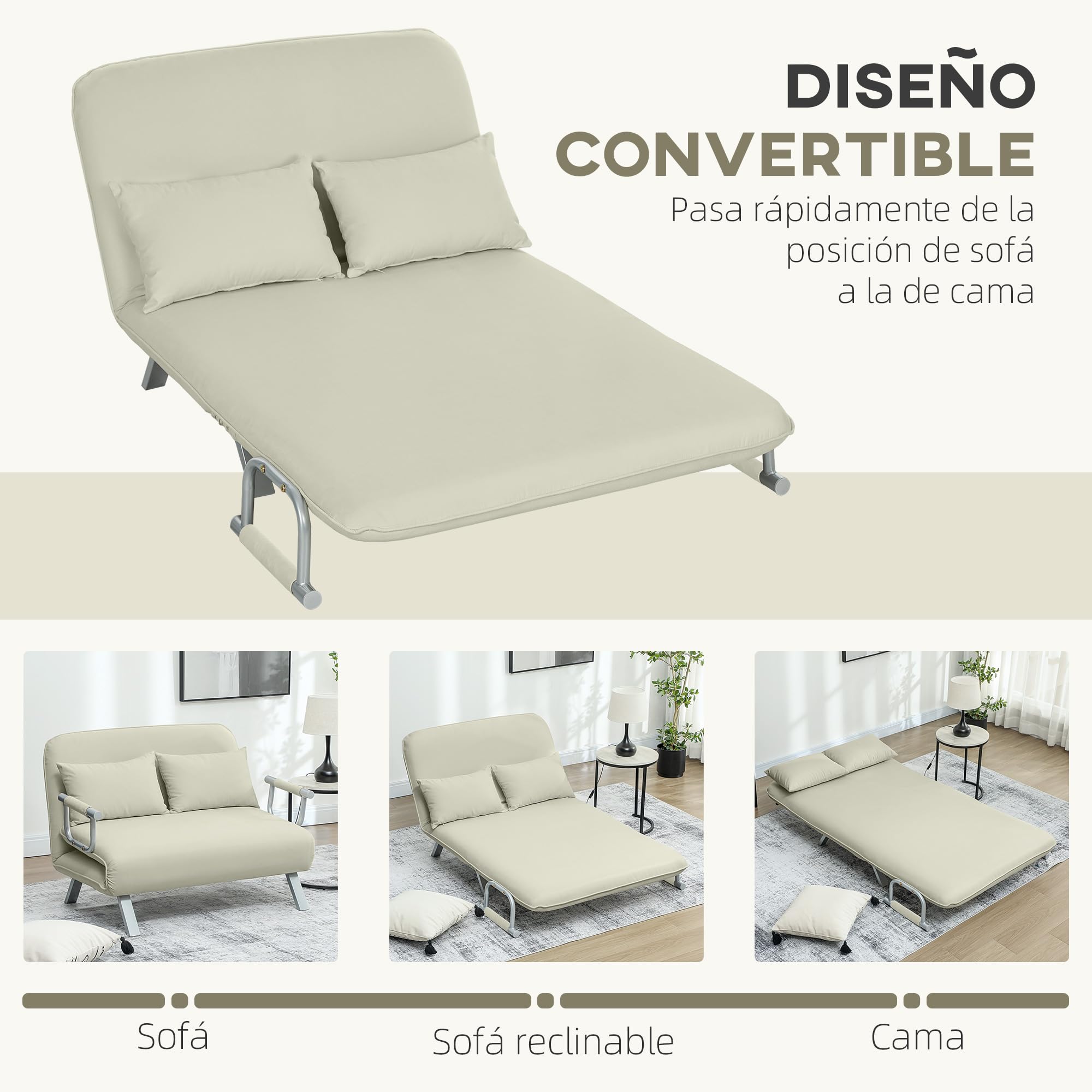 HOMCOM Sofá Cama de 2 Plazas 3 en 1 Sofá Cama Plegable Tapizado en Ante Sintético con Respaldo Ajustable de 5 Niveles y 2 Almohadas Acolchadas para Oficina Dormitorio Salón 111x80x78 cm Crema