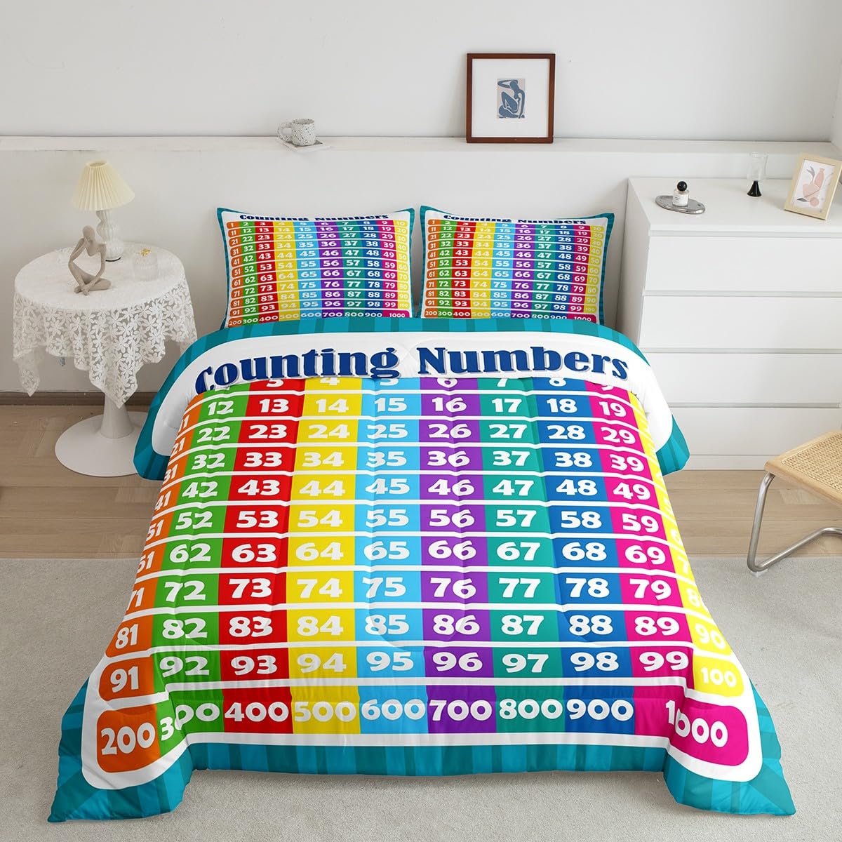 Homemissing Numbers Alphabet Bedding Set King,Educational Learning Down Comforter for Kids Boys Girls Numbers Down Comforter Set Learning Time Duvet Insert/Quilt Set With 2 Pillow Case — image 1