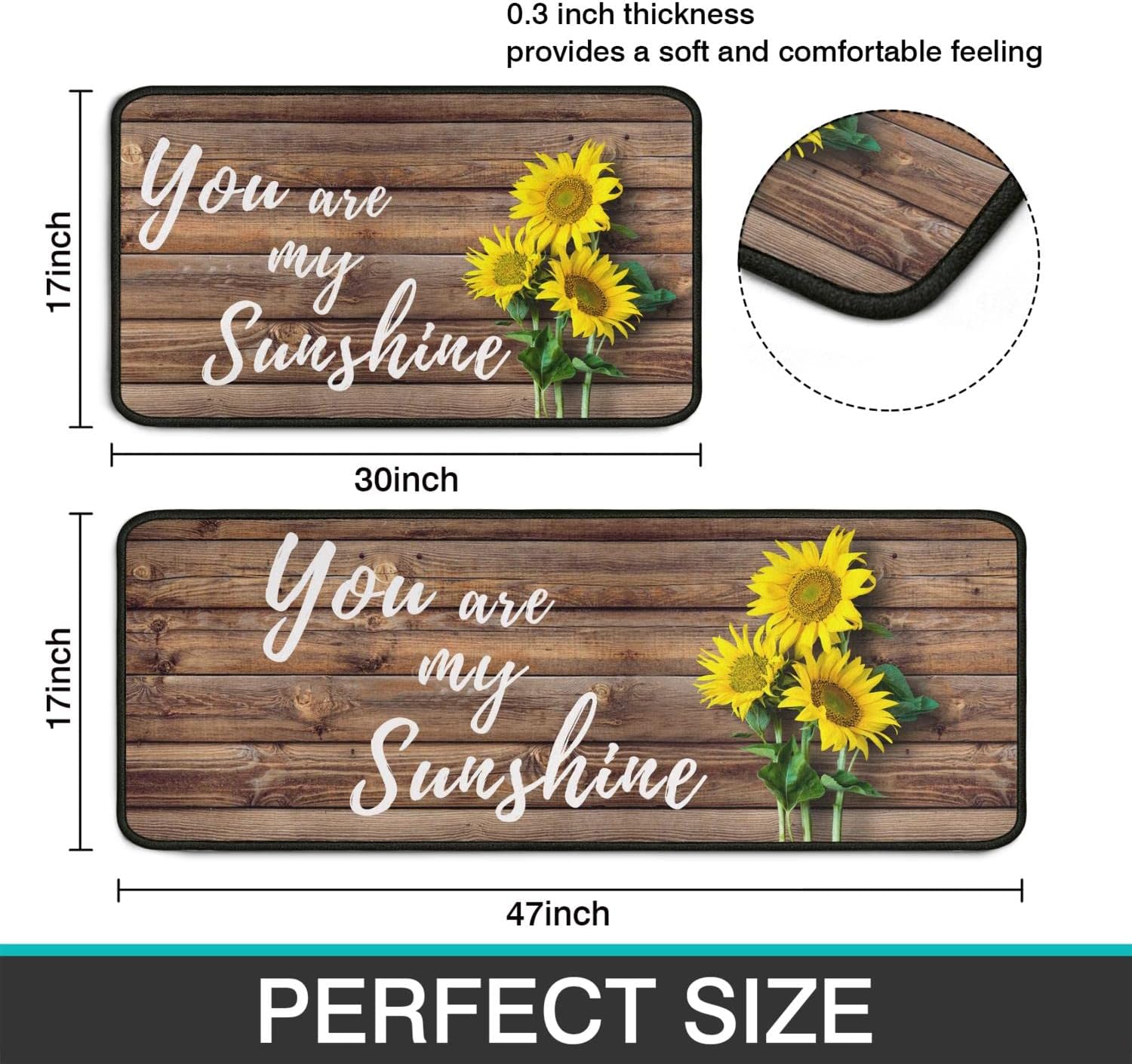 2 Pieces Sunflower Kitchen Decoration Rug Set, Washable Waterproof Kitchen Mats and Kitchen Sink Runner Rug, Farmhouse Style Decor Indoor 17" x 47" + 17" x 30"