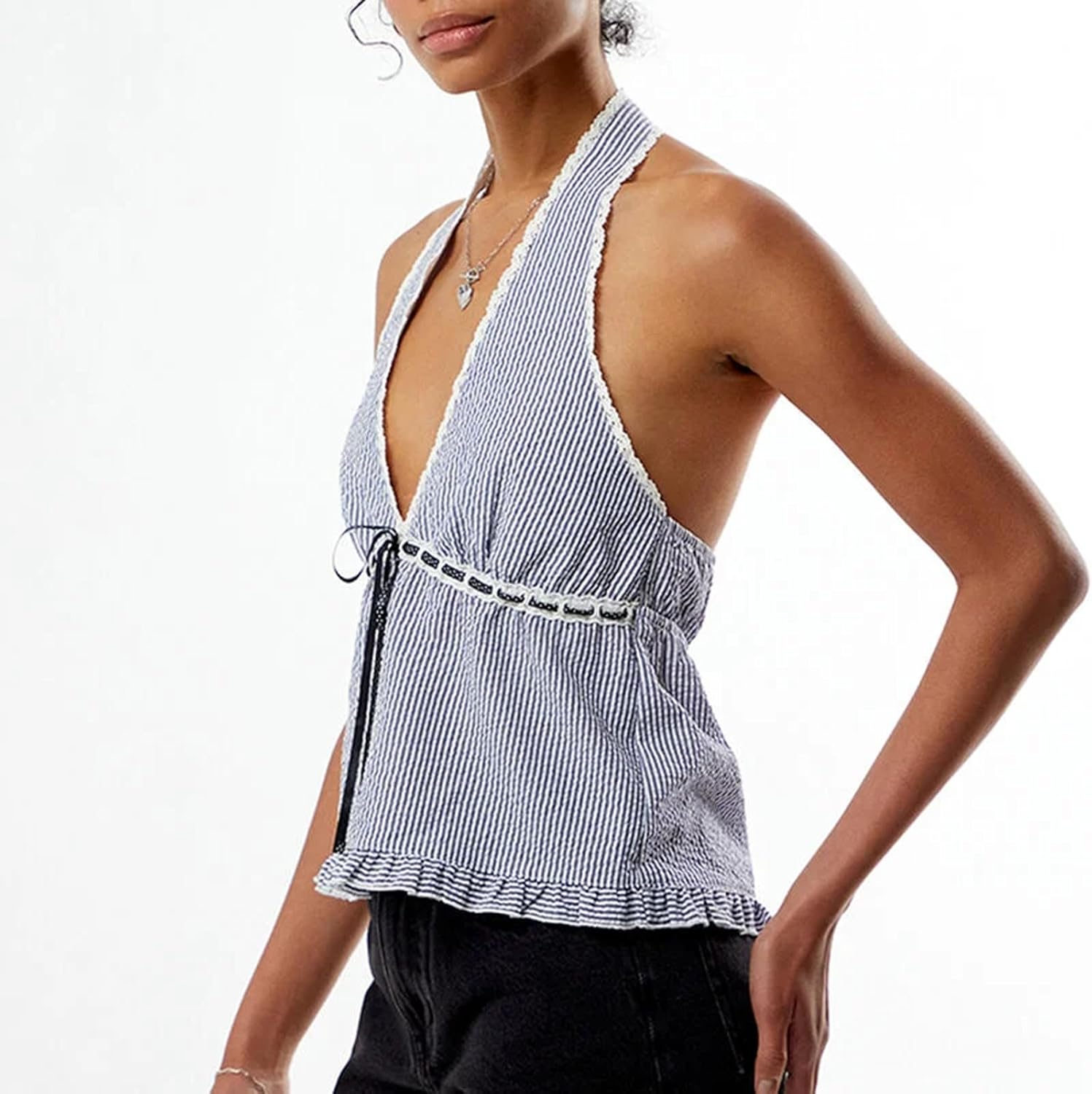 Women Striped Print Halter Top Bow Tie Adjustable Elasticity Backless Tank Top Summer Lace Trim Babydoll Crop Vest - Image 2