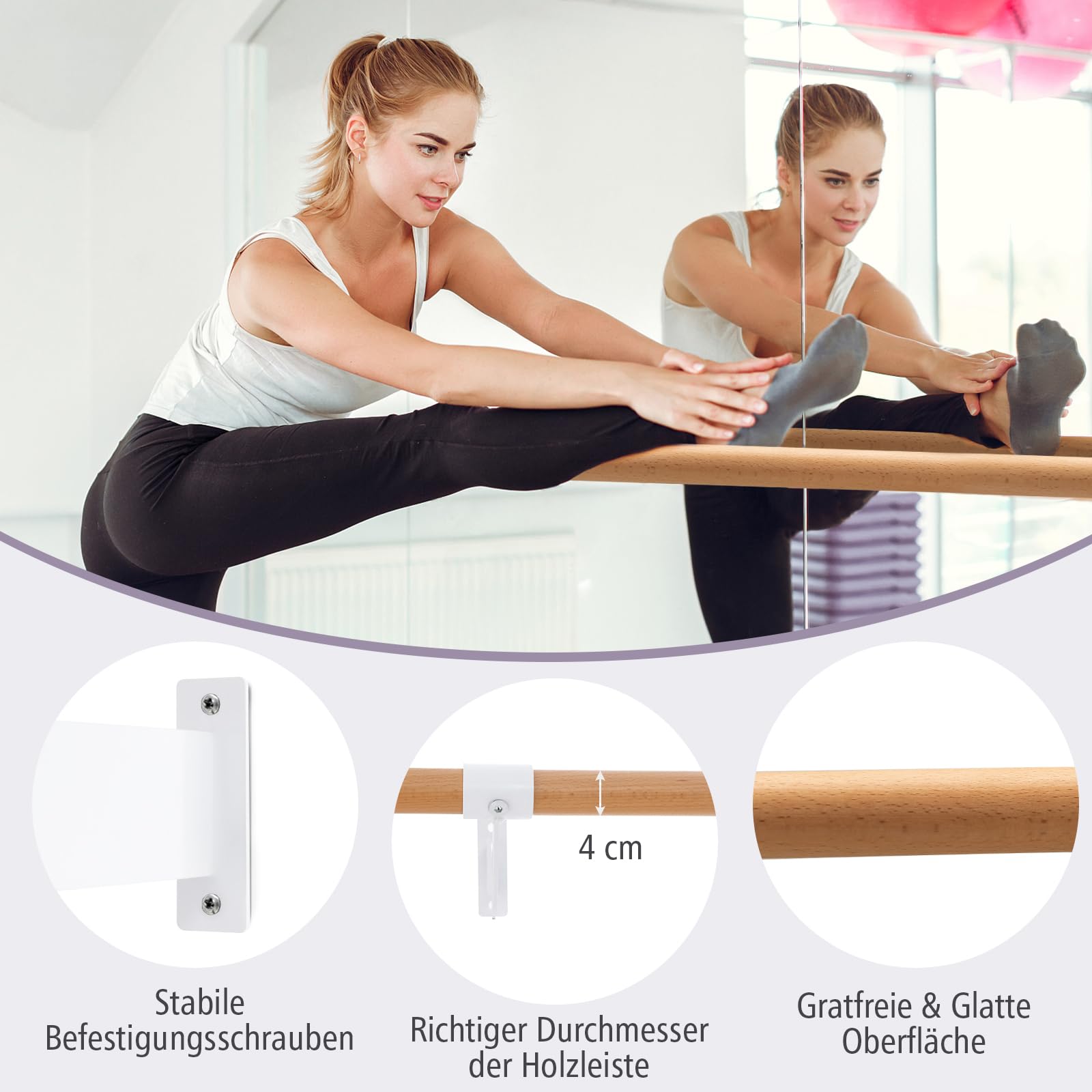 GYMAX Ballettstange 120cm, wandhalter Übungsstange aus Holz, Tanzstange für Tanz & Stretching, Ballettstangenhalter für Kinder & Erwachsene