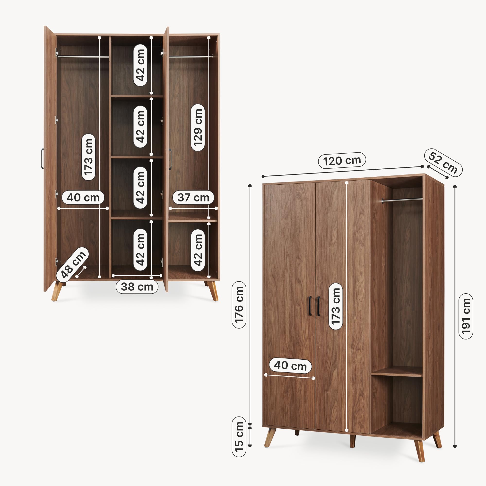 [en.casa] Armario ropero Norg 2 Puertas 5 estantes 191x120x52cm Nogal | Armario dormitorio Clóset Guardaropa para Vestidor barra para colgar 5 compartimentos diseño moderno gran capacidad