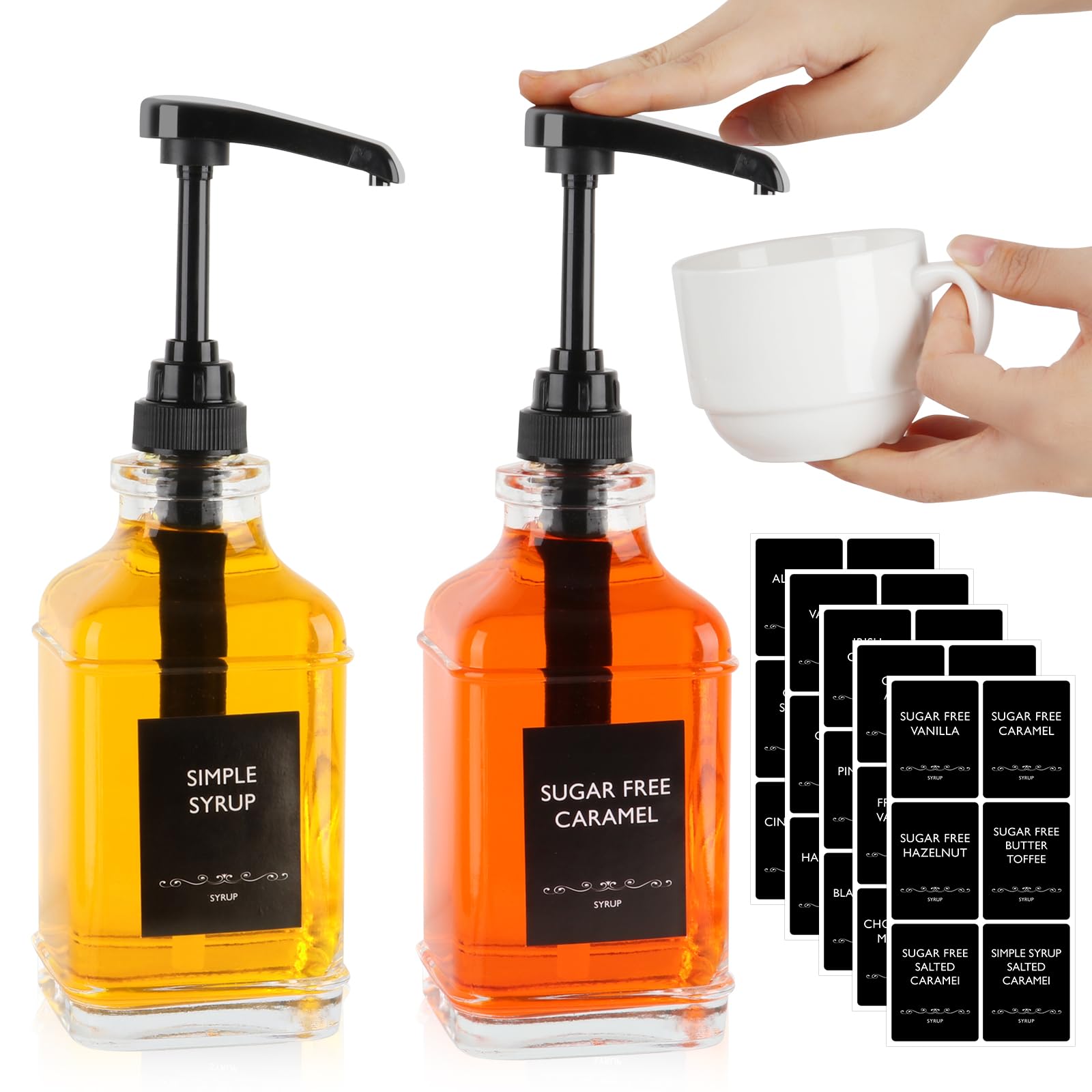 STARSIDE Dispensador de jarabe de café de 16 onzas, 2 botellas de jarabe de vidrio transparente con bomba de capacidad de 1/4 onzas, dispensador de jarabe para barra de café con bomba de plástico y