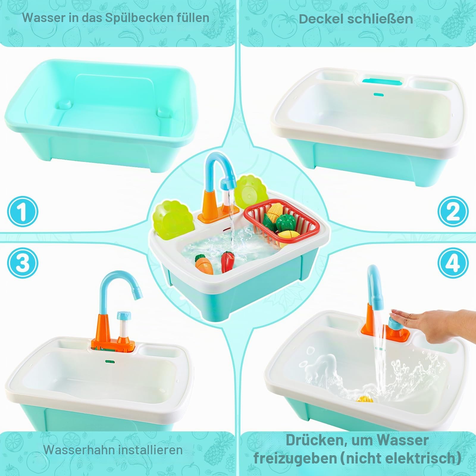 deAO Kinderwaschbecken mit Echtem Wasser, Spielküche mit Spüle und Zubehör | Lernspielzeug für Kinder ab 3 Jahren, Indoor & Outdoor, Küchenspüle Spielzeug Set, Küche Rollenspiel Geschenk für Kinder