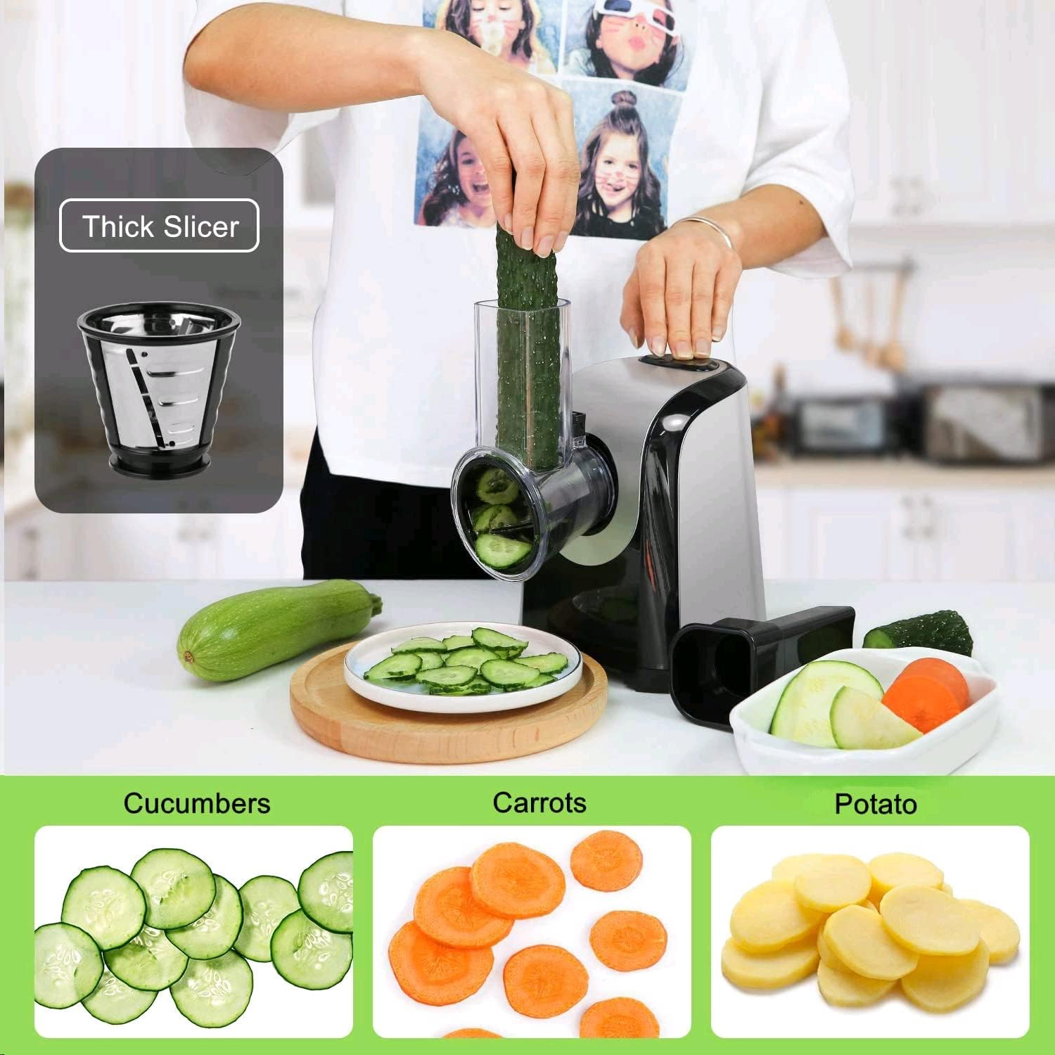 COOCHEER Cortador de verduras eléctrico 5 en 1, 150 W, rallador eléctrico, rallador de verduras, multifuncional para verduras, frutas y queso