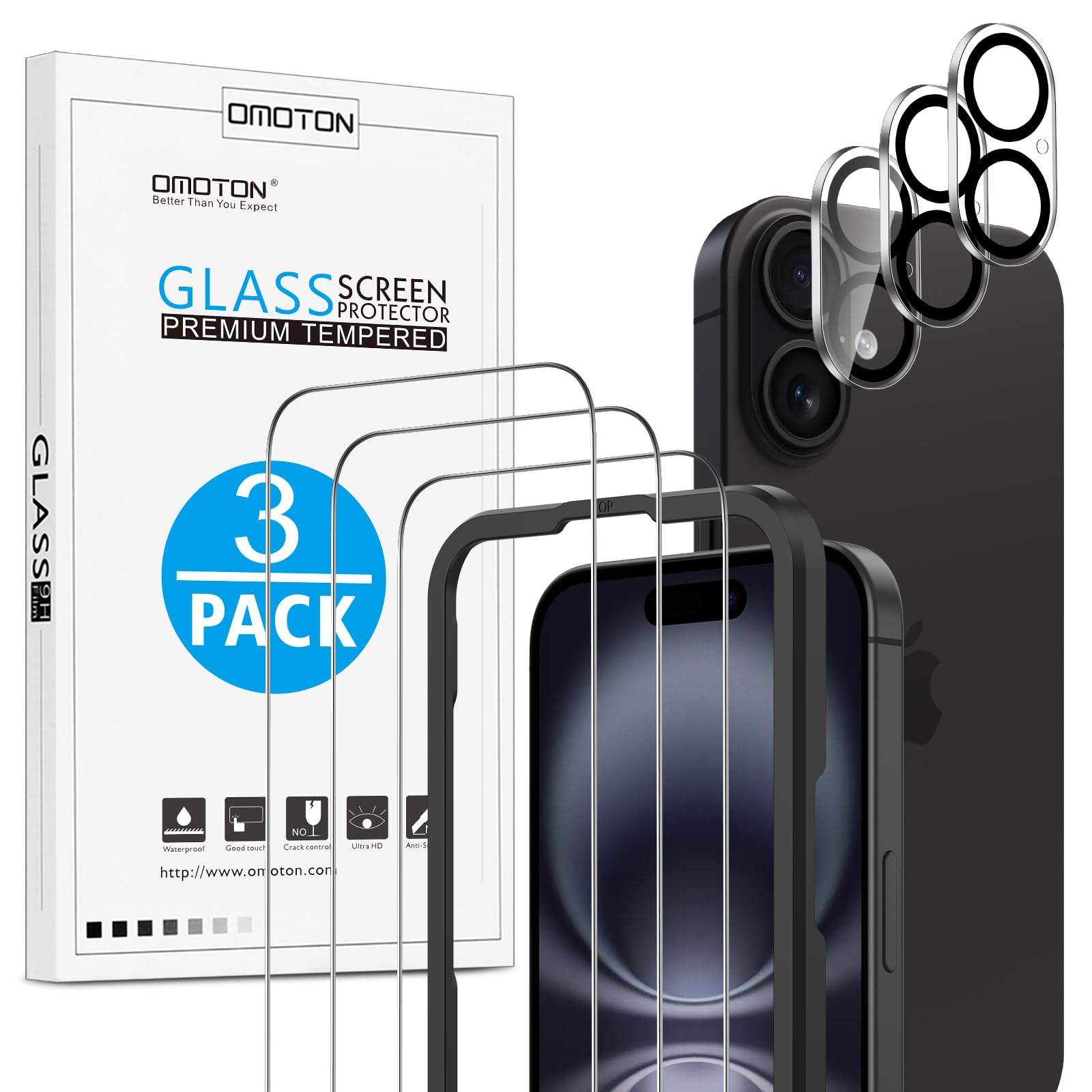 OMOTON für iPhone 16 für Panzerglas mit Rahmen-Installationshilfe, kompatibel mit iPhone 16 Kamera Schutzfolie, Anti- Kratzer, Bläschenfrei, 9H Härte Folie, 3+3 Stück