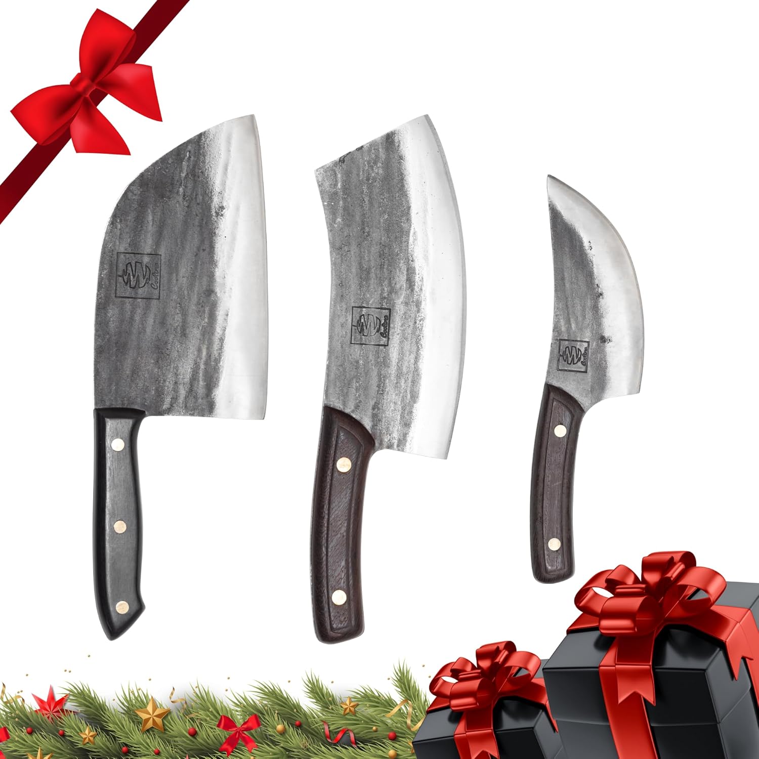 COOLINA Classic Trio Kitchen Knife Set  High-Carbon Steel, Includes Promaja Cleaver, Altomino Chefs Knife & Butcher Knife, Full Tang, Ergonomic Handle, Precision Cutting for Meat & Vegetables