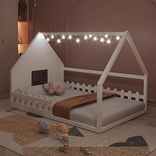 Miniatura 38 de Merax Cama de madera de tamaño completo con ventana y valla, marco de cama matrimonial para adolescentes, niños y niñas, gris
