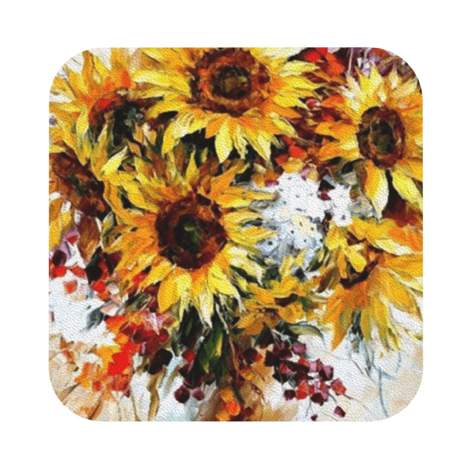 Oil Painting Sunflower PU Leather Coasters Set of 6 Square Drink Coasters